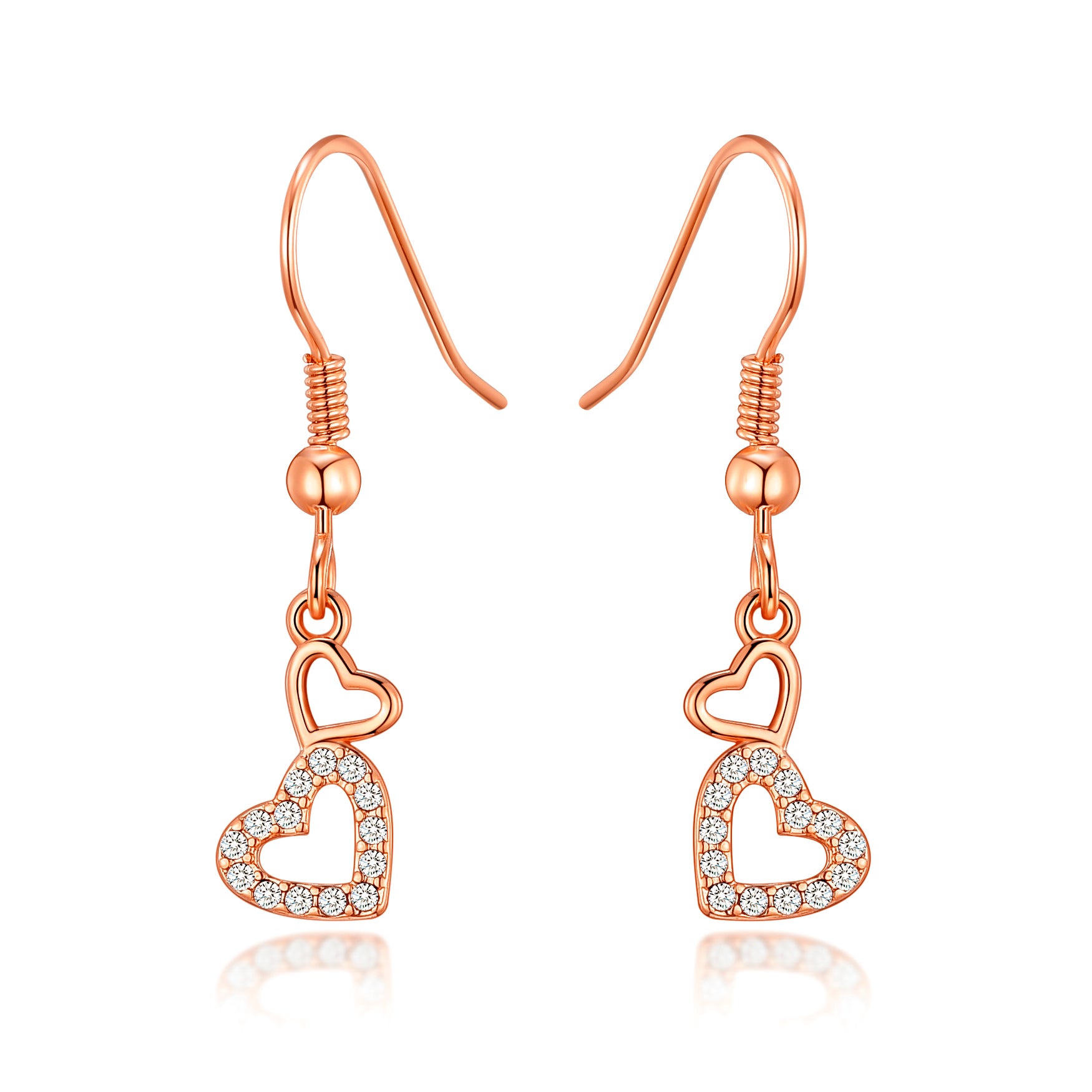Rose Gold Plated Double Heart Drop Earrings Created with Zircondia® Crystals by Philip Jones Jewellery