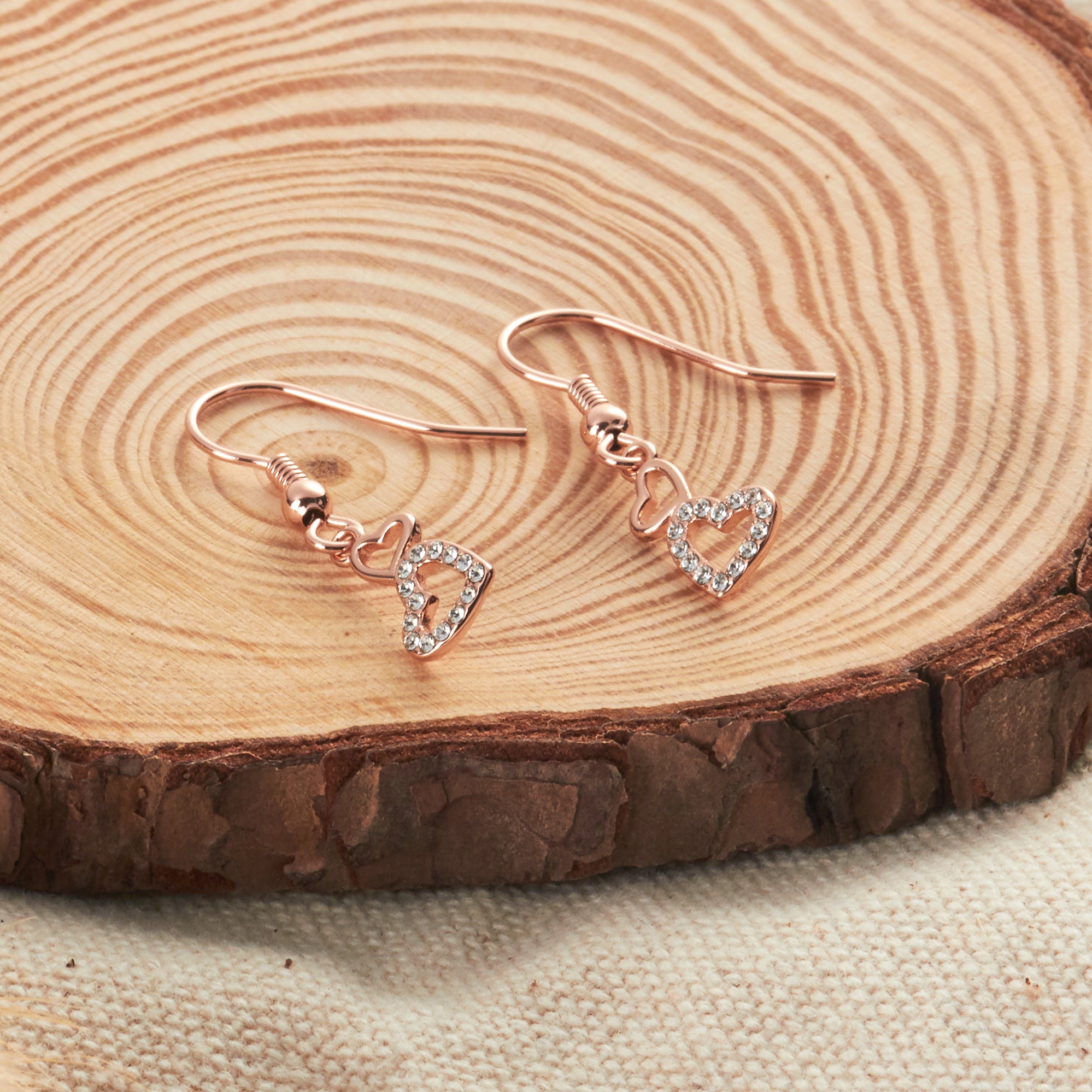 Rose Gold Plated Double Heart Drop Earrings Created with Zircondia® Crystals