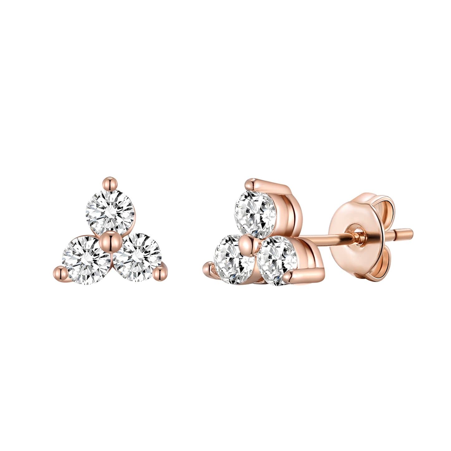 Rose Gold Plated Three Stone Earrings Created with Zircondia® Crystals by Philip Jones Jewellery