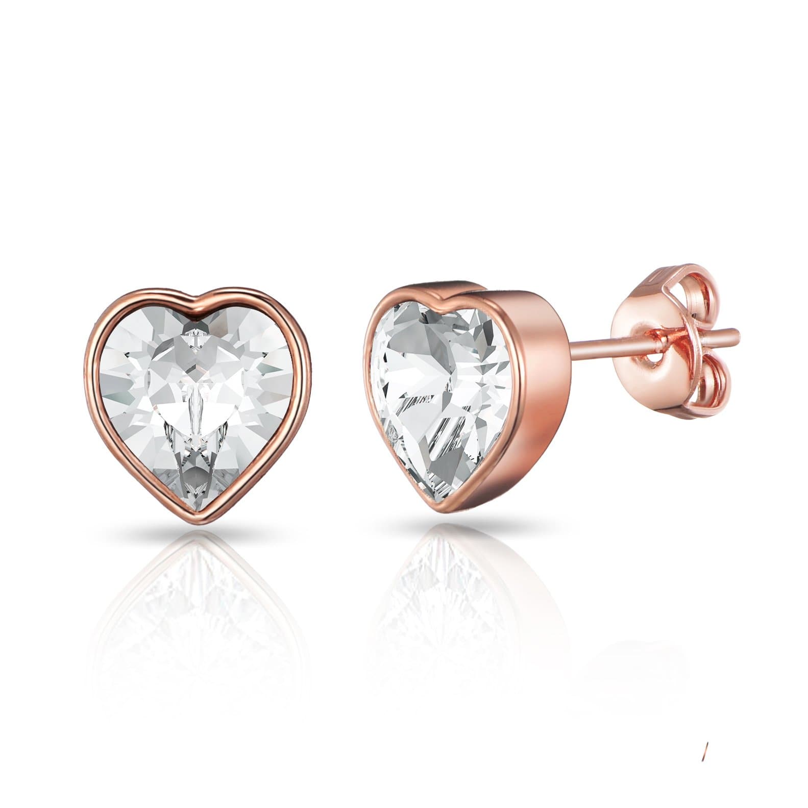 Rose Gold Plated Bezel set Heart Earrings Created with Zircondia® Crystals by Philip Jones Jewellery