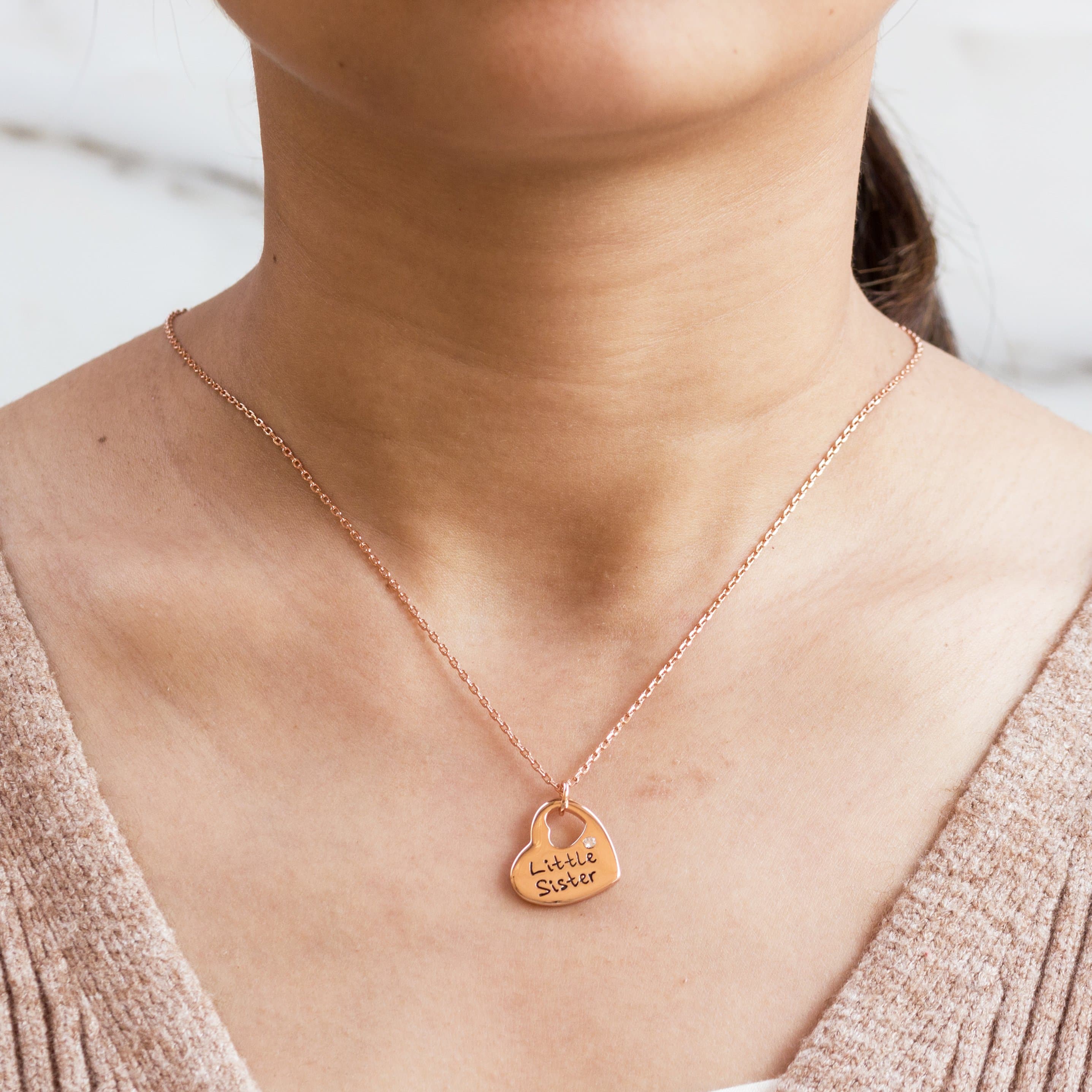 Rose Gold Plated Little Sister Heart Necklace Created with Zircondia® Crystals