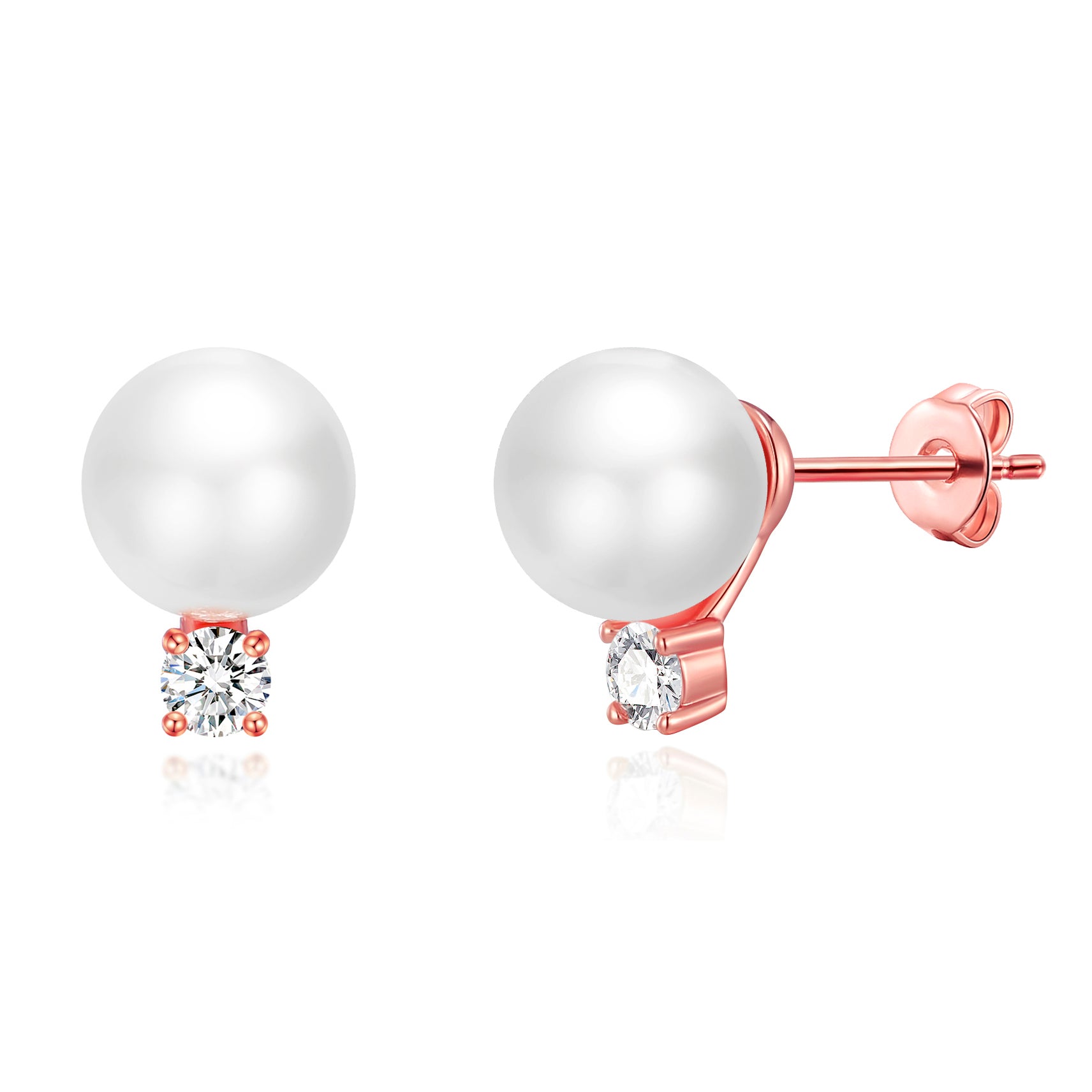Rose Gold Plated Round Shell Pearl Earrings Created with Zircondia® Crystals by Philip Jones Jewellery