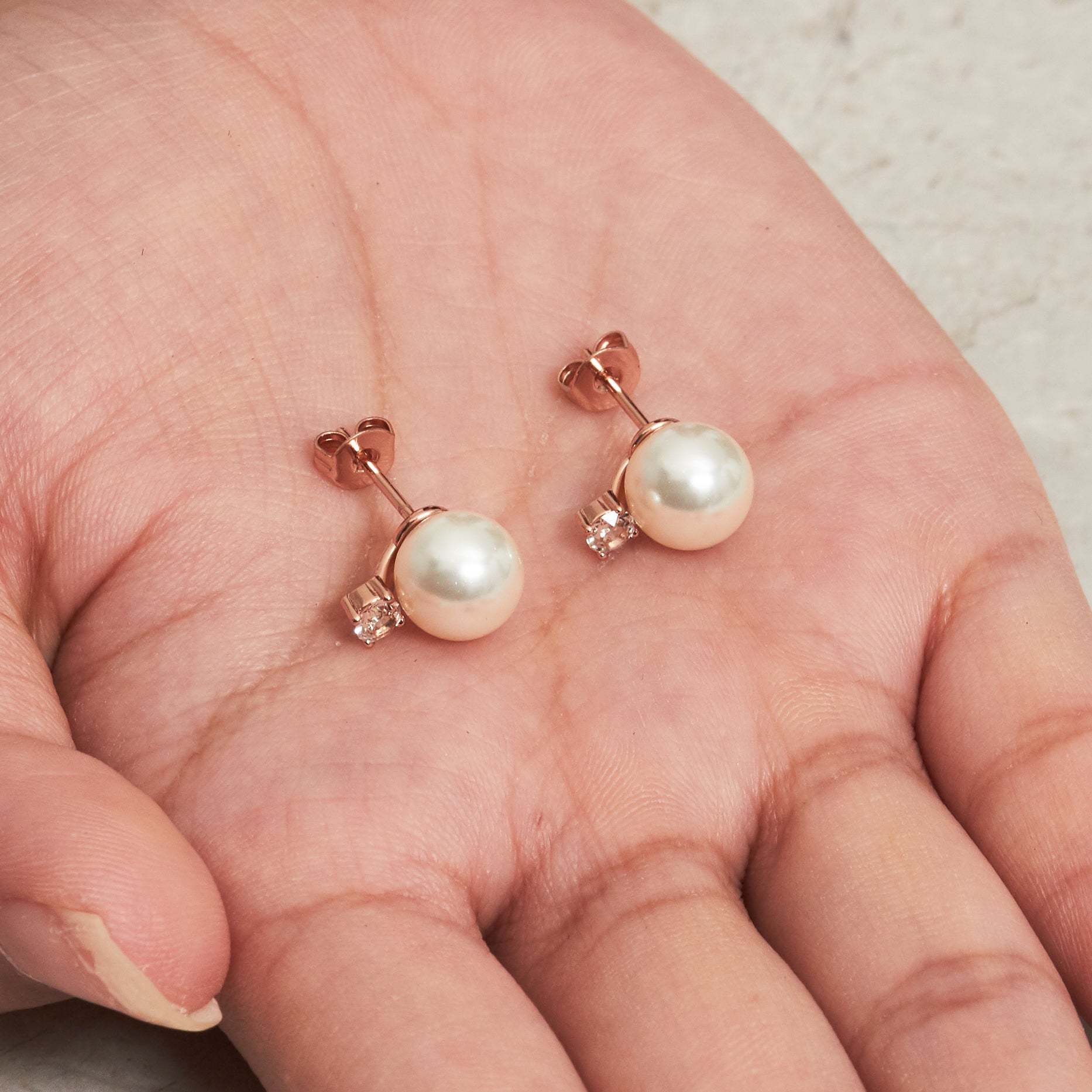Rose Gold Plated Round Shell Pearl Earrings Created with Zircondia® Crystals