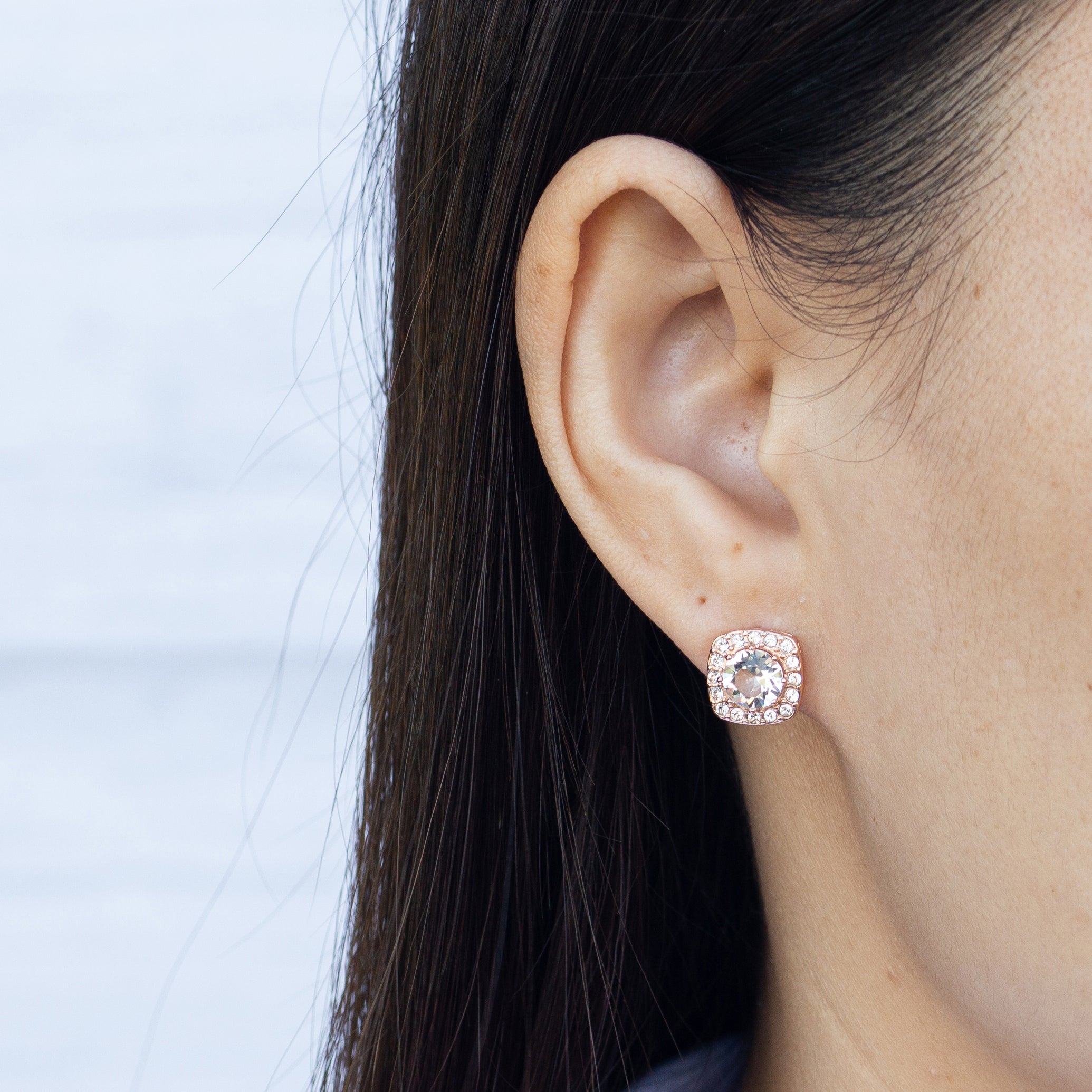 Rose Gold Plated Square Halo Earrings Created with Zircondia® Crystals