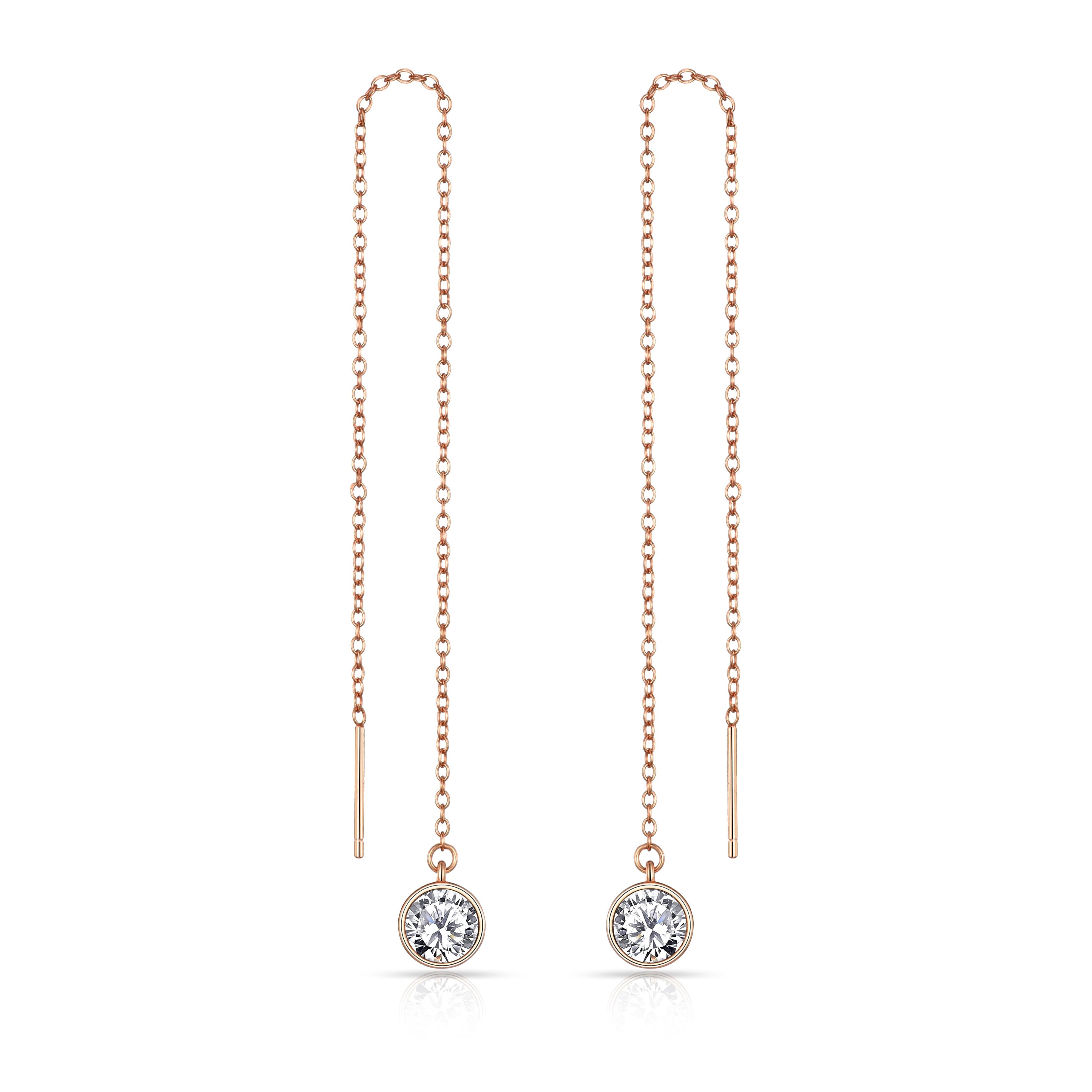Rose Gold Plated Sterling Silver Thread Earrings Created with Zircondia® Crystals by Philip Jones Jewellery