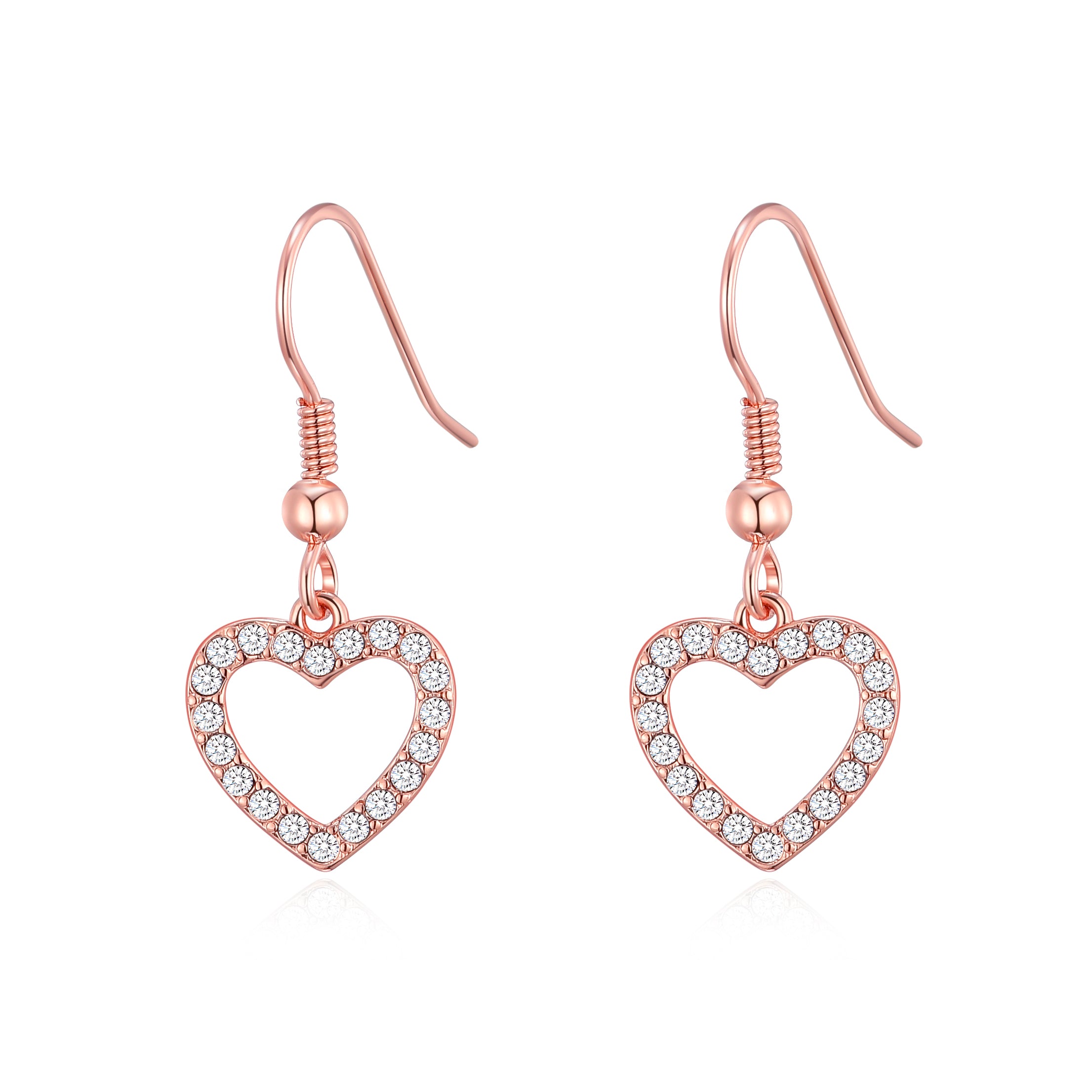 Rose Gold Plated Open Heart Drop Earrings Created with Zircondia® Crystals by Philip Jones Jewellery