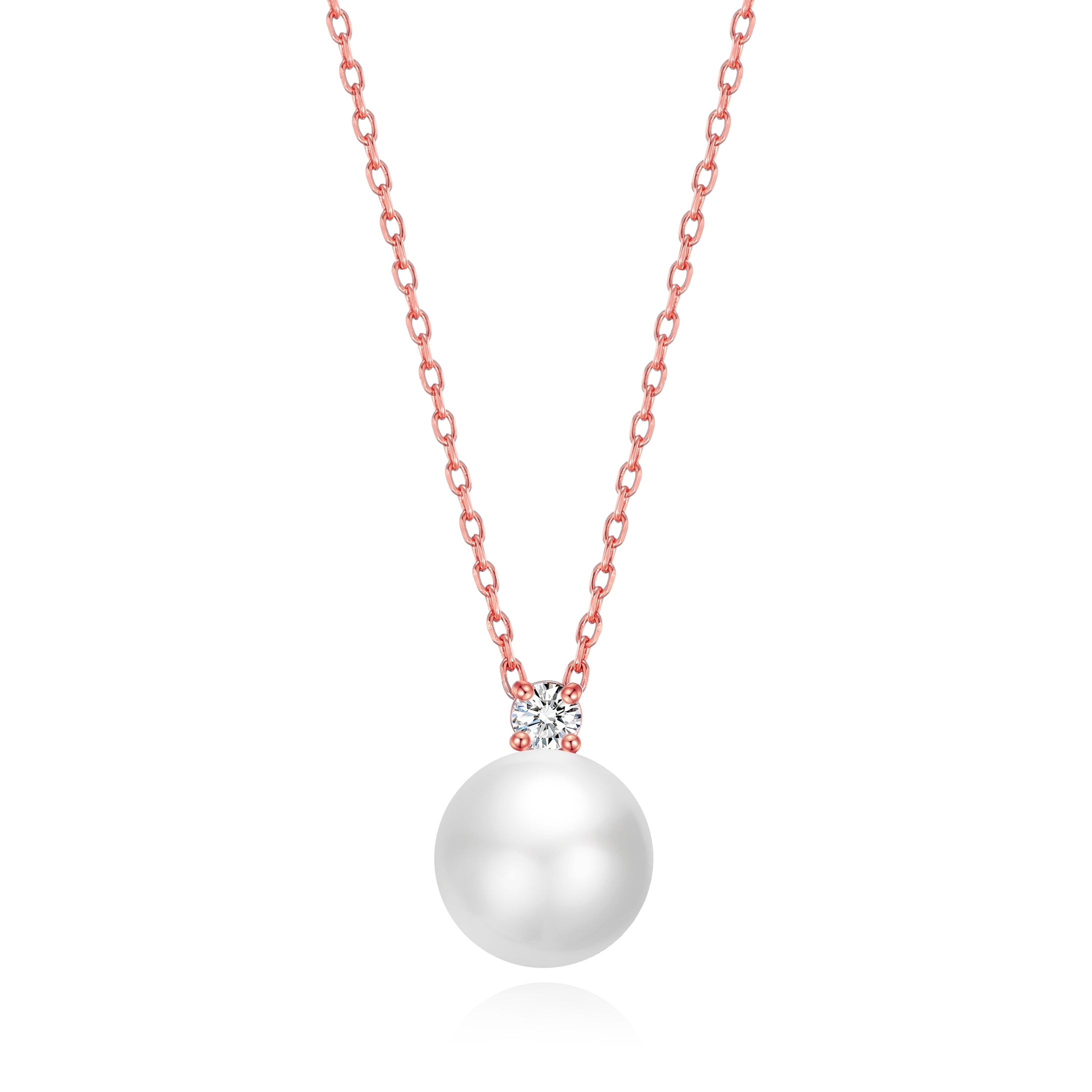 Rose Gold Plated Round Shell Pearl Necklace Created with Zircondia® Crystals by Philip Jones Jewellery
