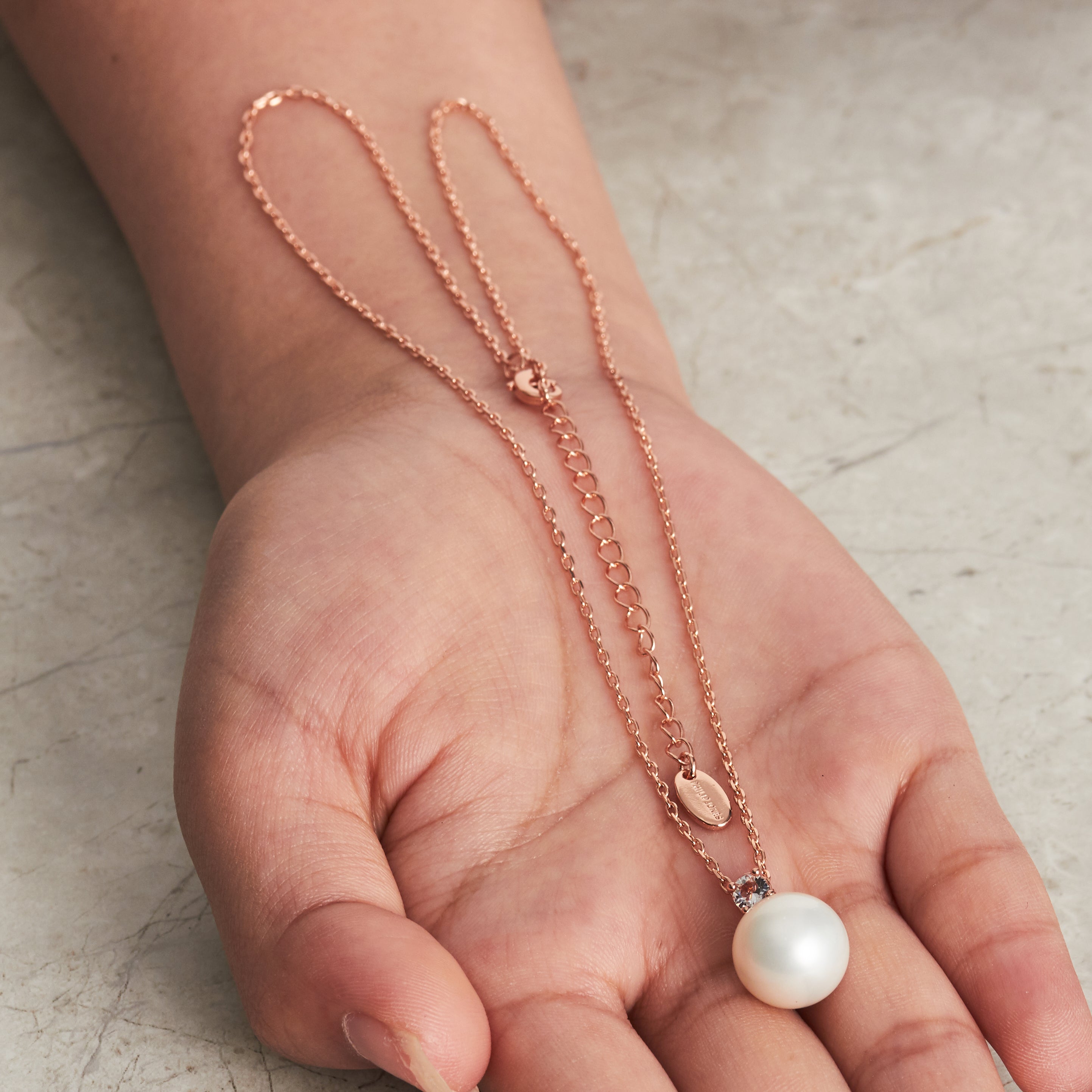 Rose Gold Plated Round Shell Pearl Necklace Created with Zircondia® Crystals