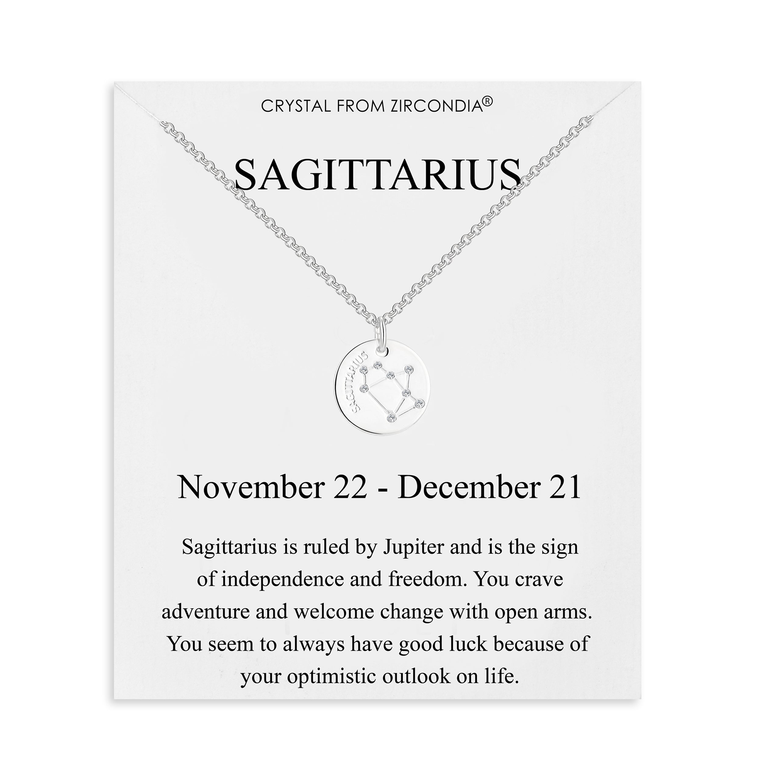 Sagittarius Zodiac Star Sign Disc Necklace Created with Zircondia® Crystals by Philip Jones Jewellery
