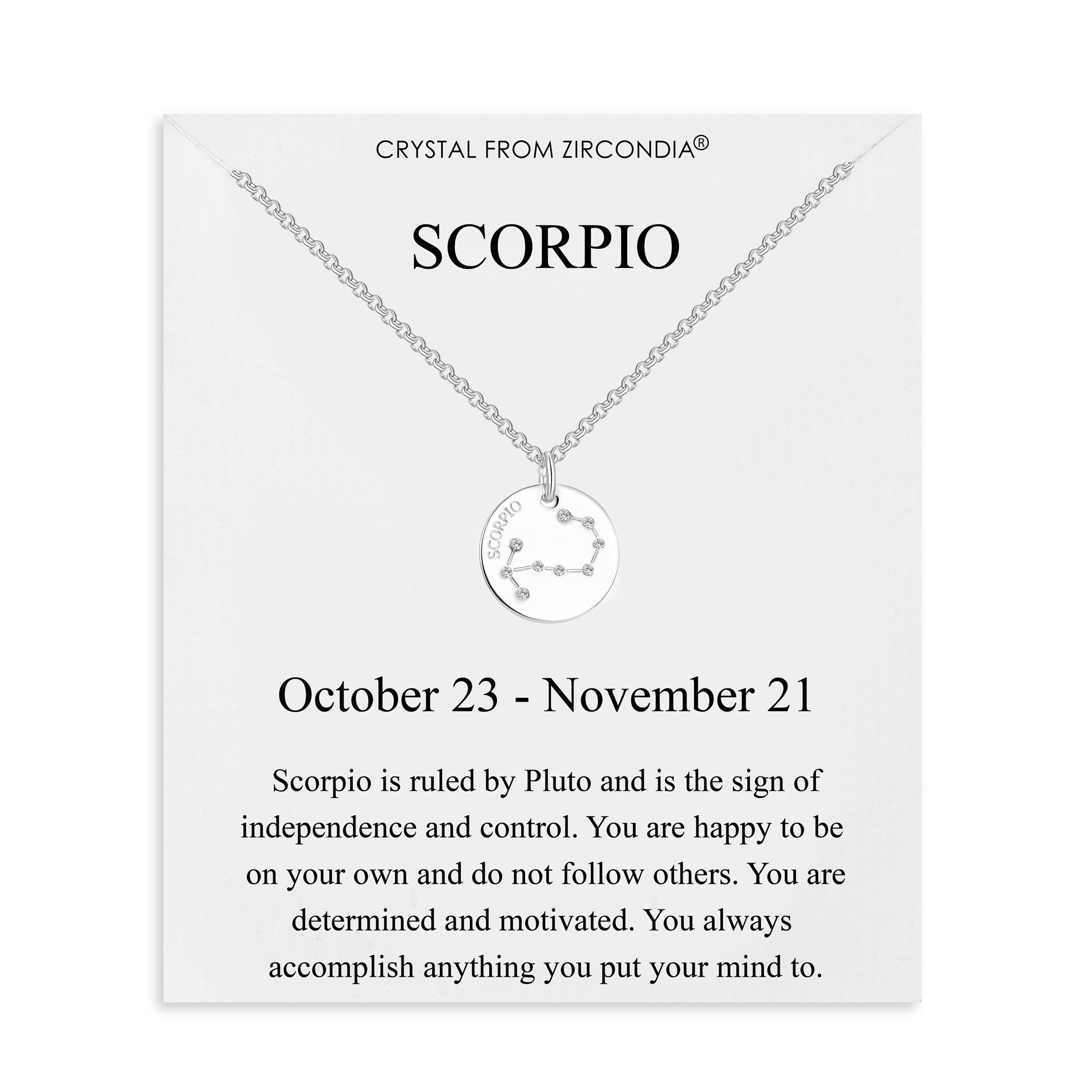 Scorpio Zodiac Star Sign Disc Necklace Created with Zircondia® Crystals by Philip Jones Jewellery