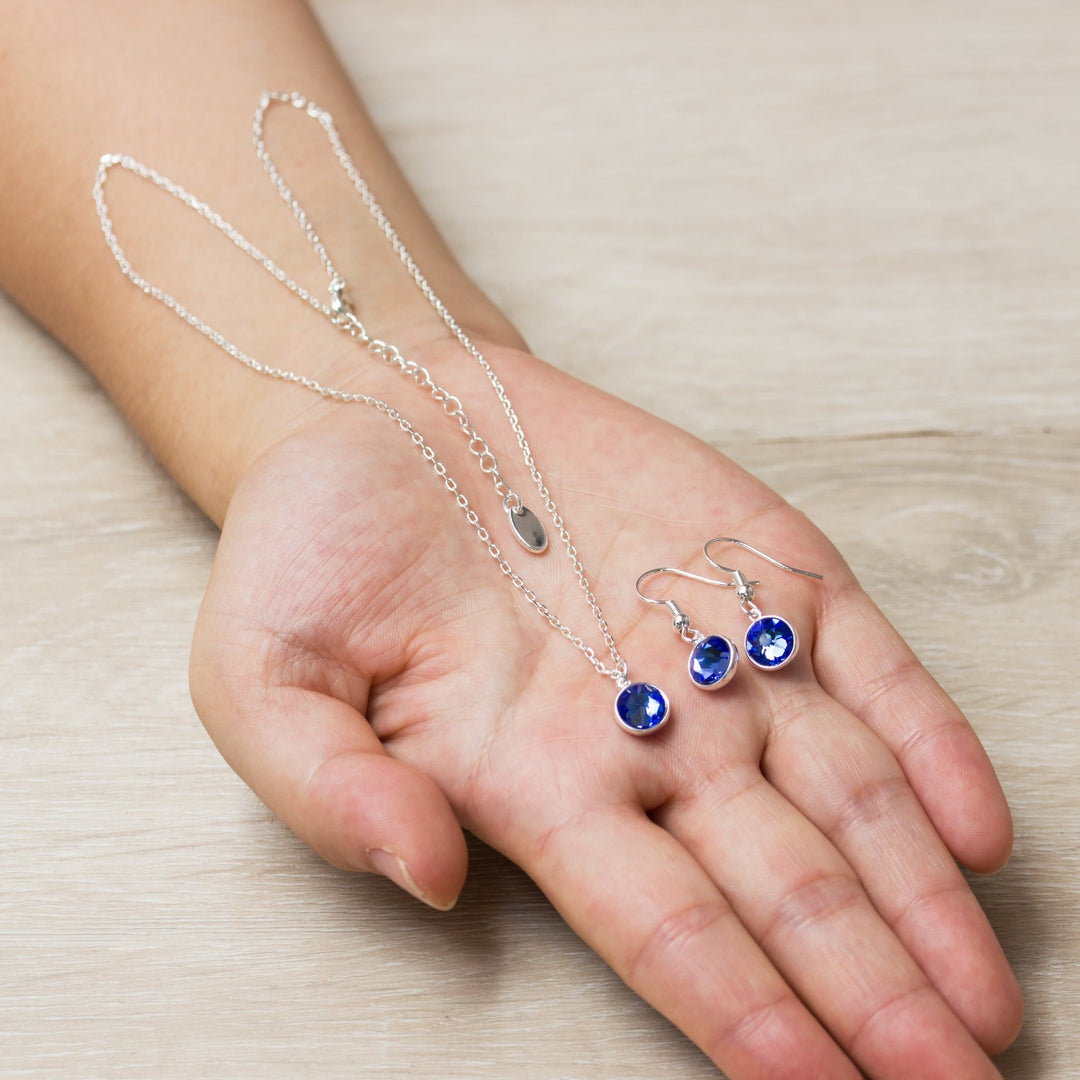 September (Sapphire) Birthstone Necklace & Drop Earrings Set Created with Zircondia® Crystals - Philip Jones Jewellery
