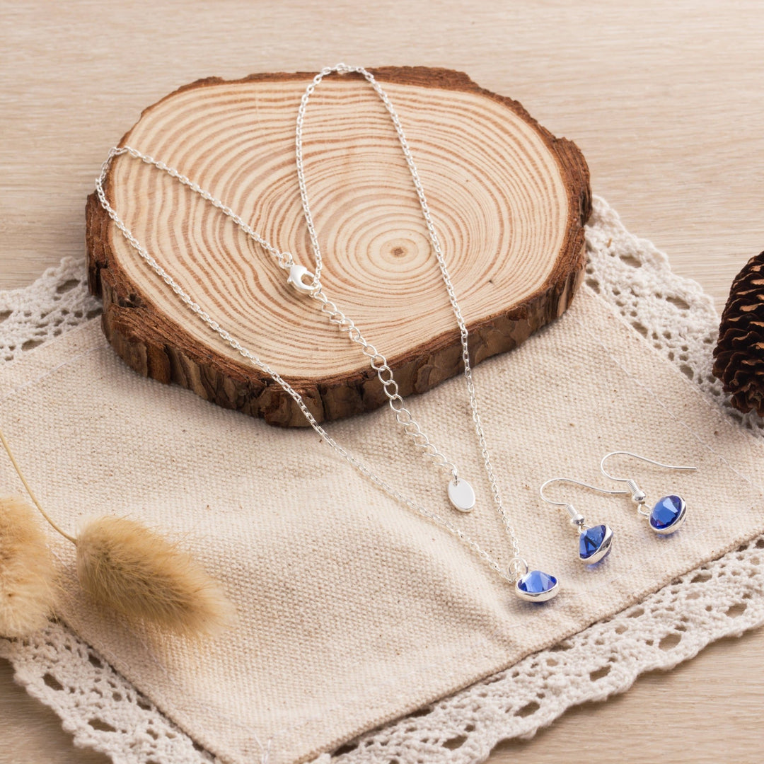 September (Sapphire) Birthstone Necklace & Drop Earrings Set Created with Zircondia® Crystals - Philip Jones Jewellery
