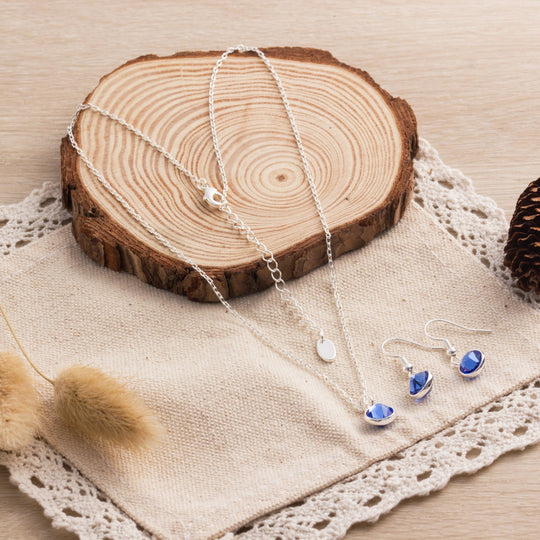 September (Sapphire) Birthstone Necklace & Drop Earrings Set Created with Zircondia® Crystals - Philip Jones Jewellery