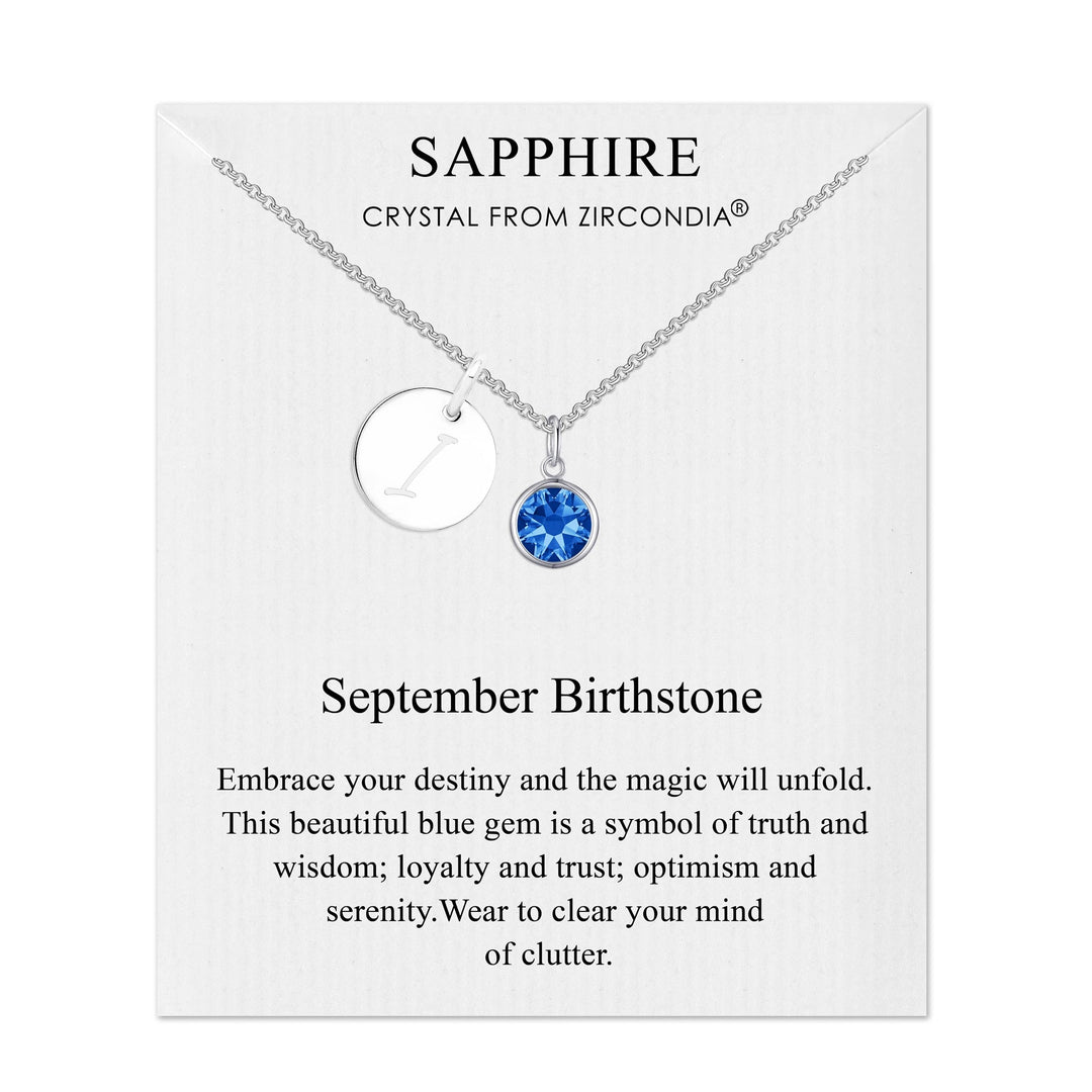 September (Sapphire) Birthstone Necklace with Initial Charm (A to Z) Created with Zircondia® Crystals - Philip Jones Jewellery
