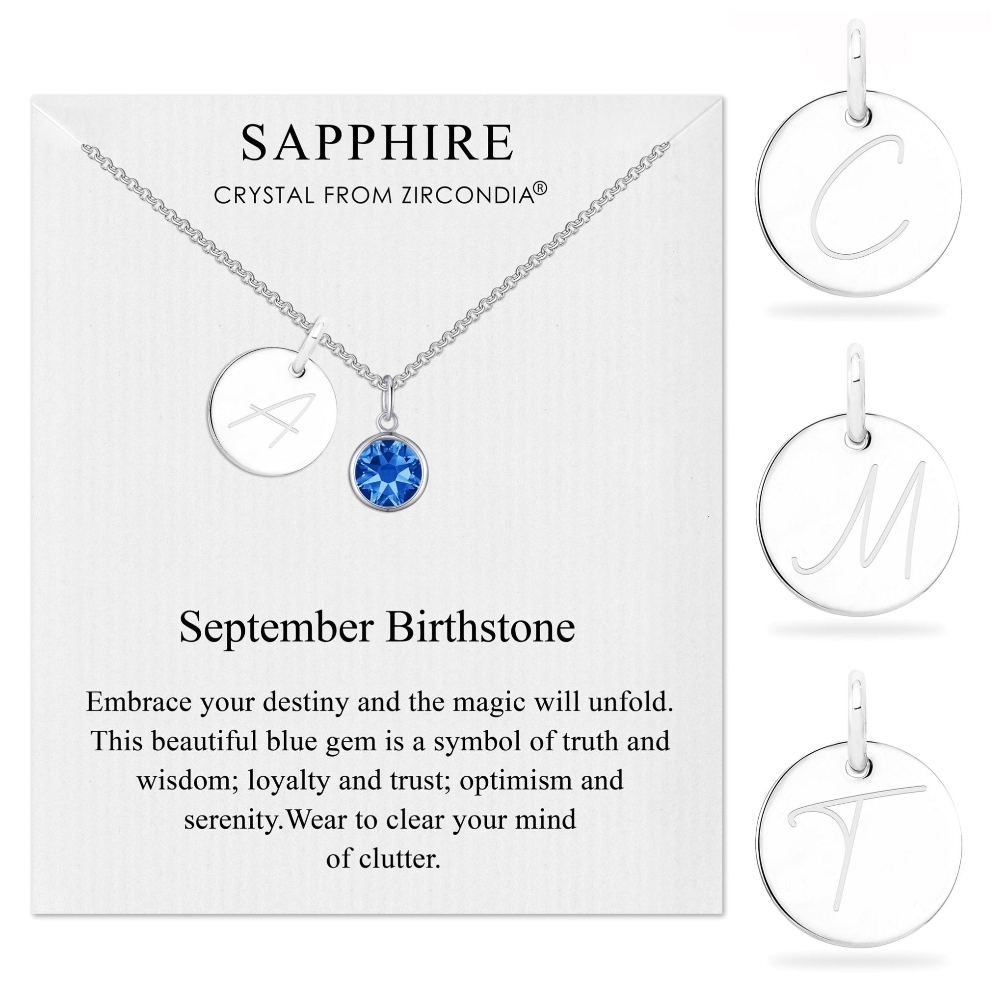 September (Sapphire) Birthstone Necklace with Initial Charm (A to Z) Created with Zircondia® Crystals - Philip Jones Jewellery