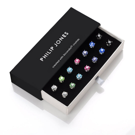 Seven Pack of Solitaire Earrings Created with Zircondia® Crystals - Philip Jones Jewellery