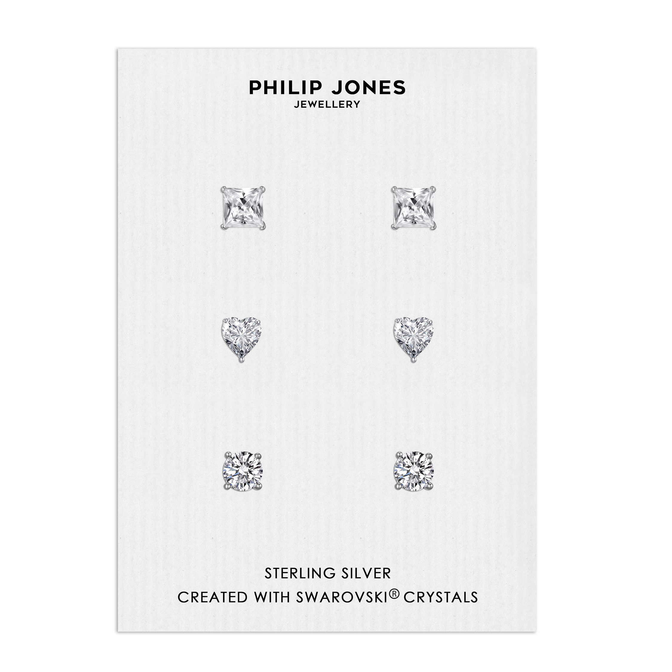 3 Pairs of Sterling Silver Shaped Earrings Created with Zircondia® Crystals by Philip Jones Jewellery
