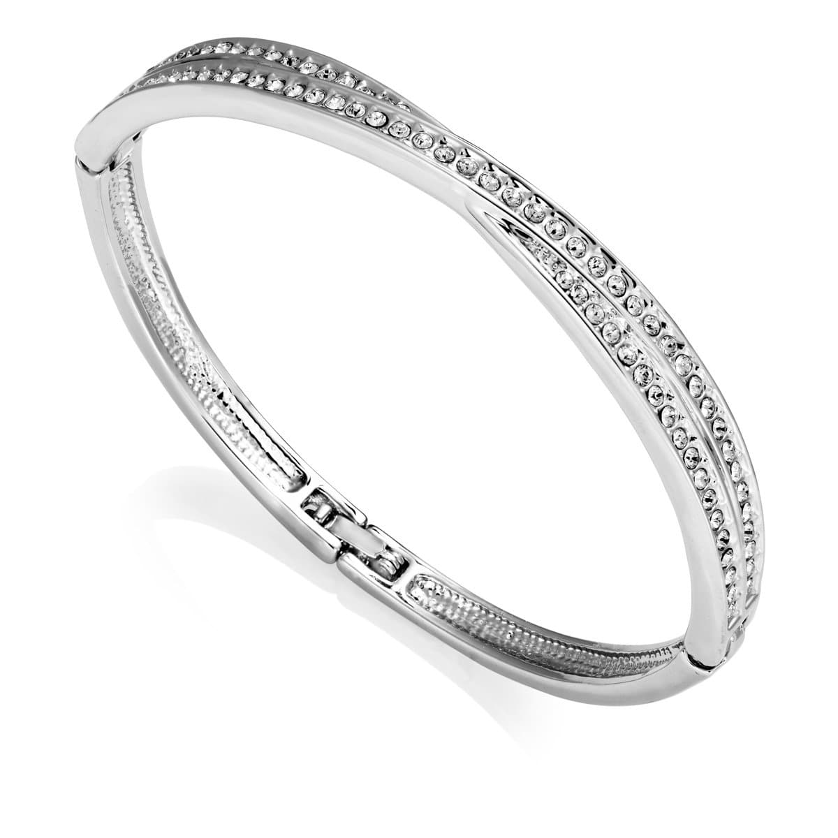 Silver Plated Crossover Bangle Created with Zircondia® Crystals by Philip Jones Jewellery