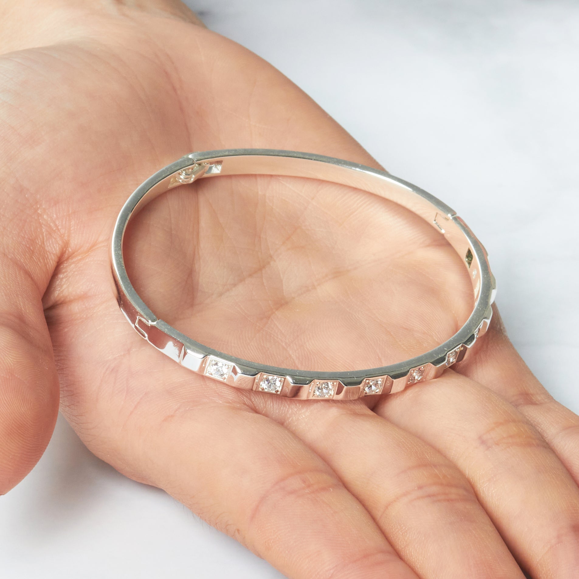 Silver Plated Cubic Bangle Created with Zircondia® Crystals (7 Inch) - Philip Jones Jewellery