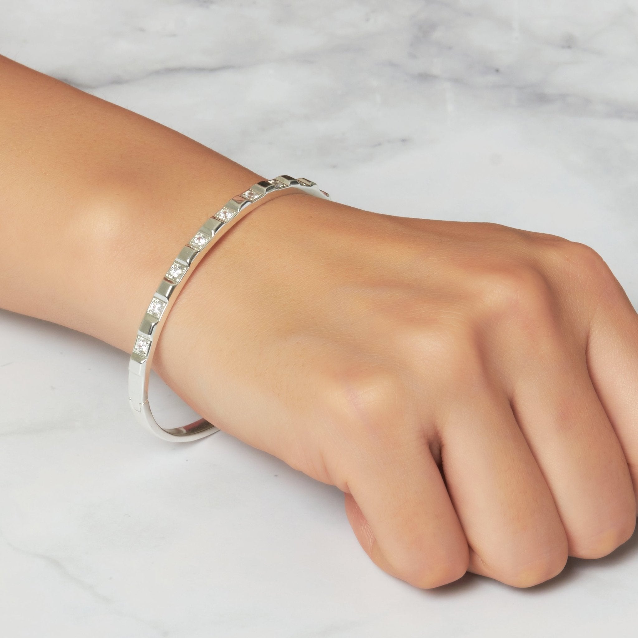 Silver Plated Cubic Bangle Created with Zircondia® Crystals (7 Inch) - Philip Jones Jewellery