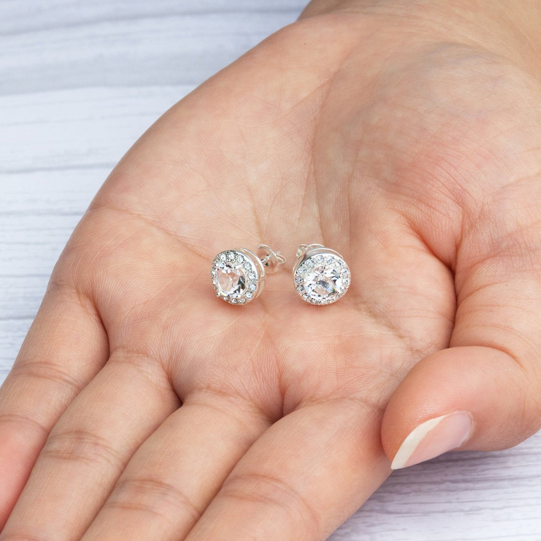 Silver Plated Halo Earrings Created with Zircondia® Crystals - Philip Jones Jewellery