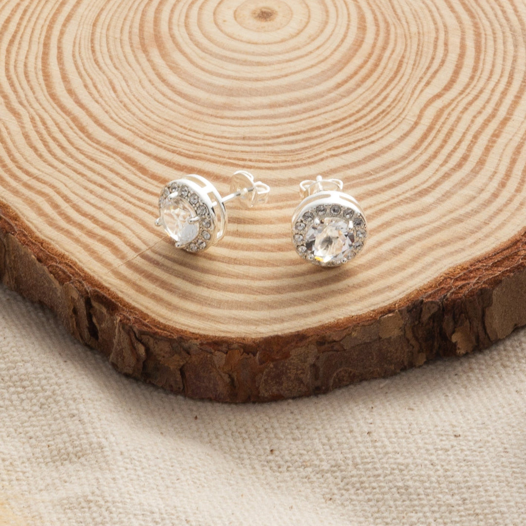 Silver Plated Halo Earrings Created with Zircondia® Crystals - Philip Jones Jewellery