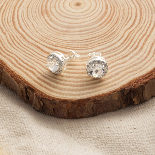 Silver Plated Halo Earrings Created with Zircondia® Crystals - Philip Jones Jewellery