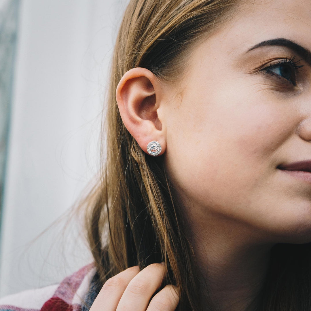 Silver Plated Halo Earrings Created with Zircondia® Crystals - Philip Jones Jewellery