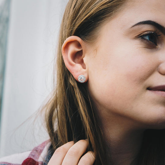 Silver Plated Halo Earrings Created with Zircondia® Crystals - Philip Jones Jewellery