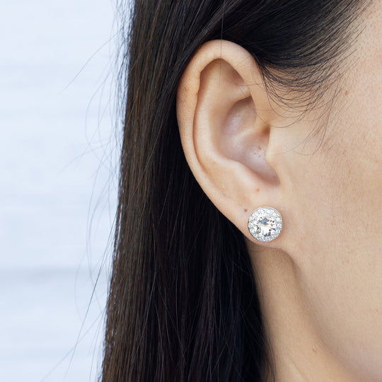 Silver Plated Halo Earrings Created with Zircondia® Crystals - Philip Jones Jewellery