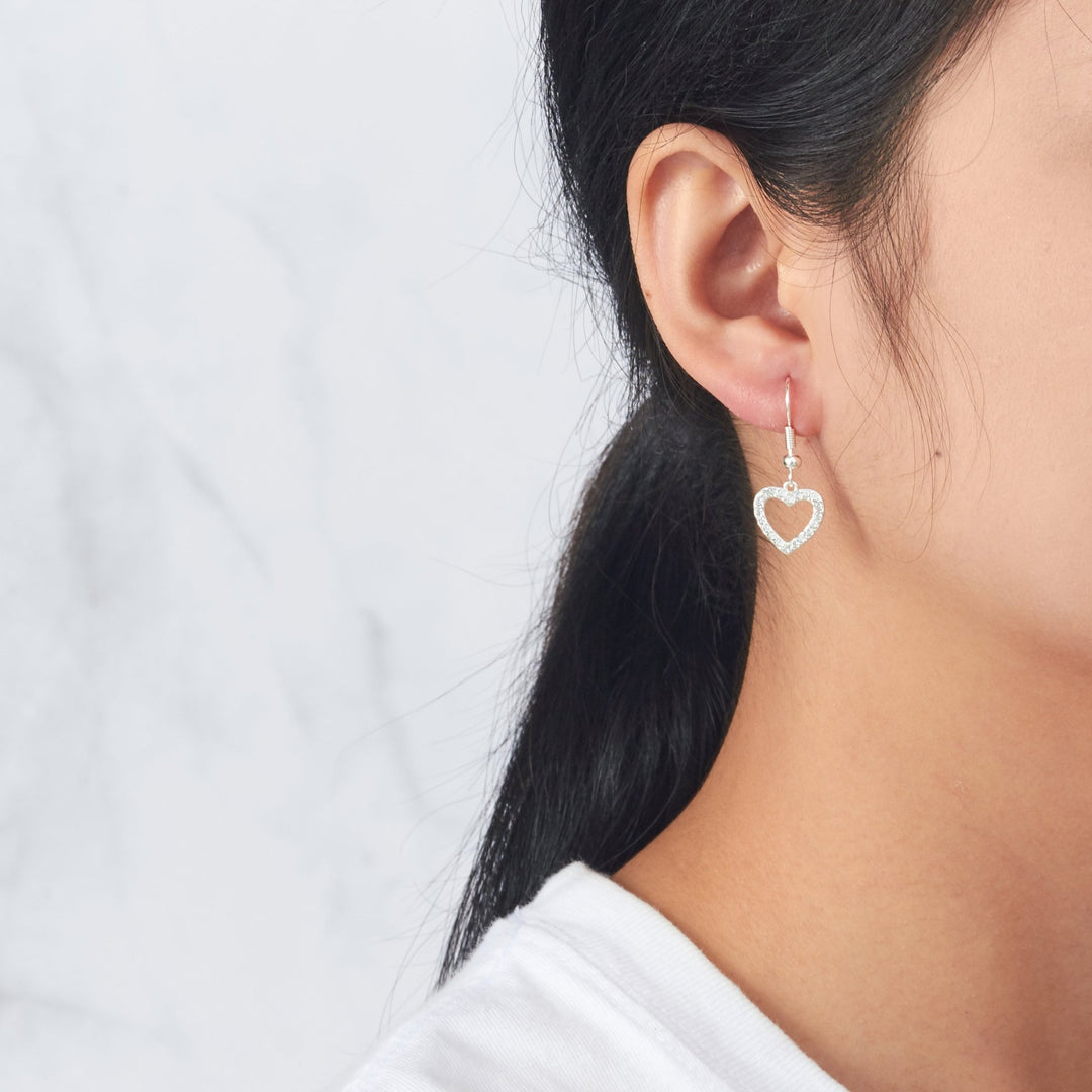 Silver Plated Open Heart Drop Earrings Created with Zircondia® Crystals - Philip Jones Jewellery