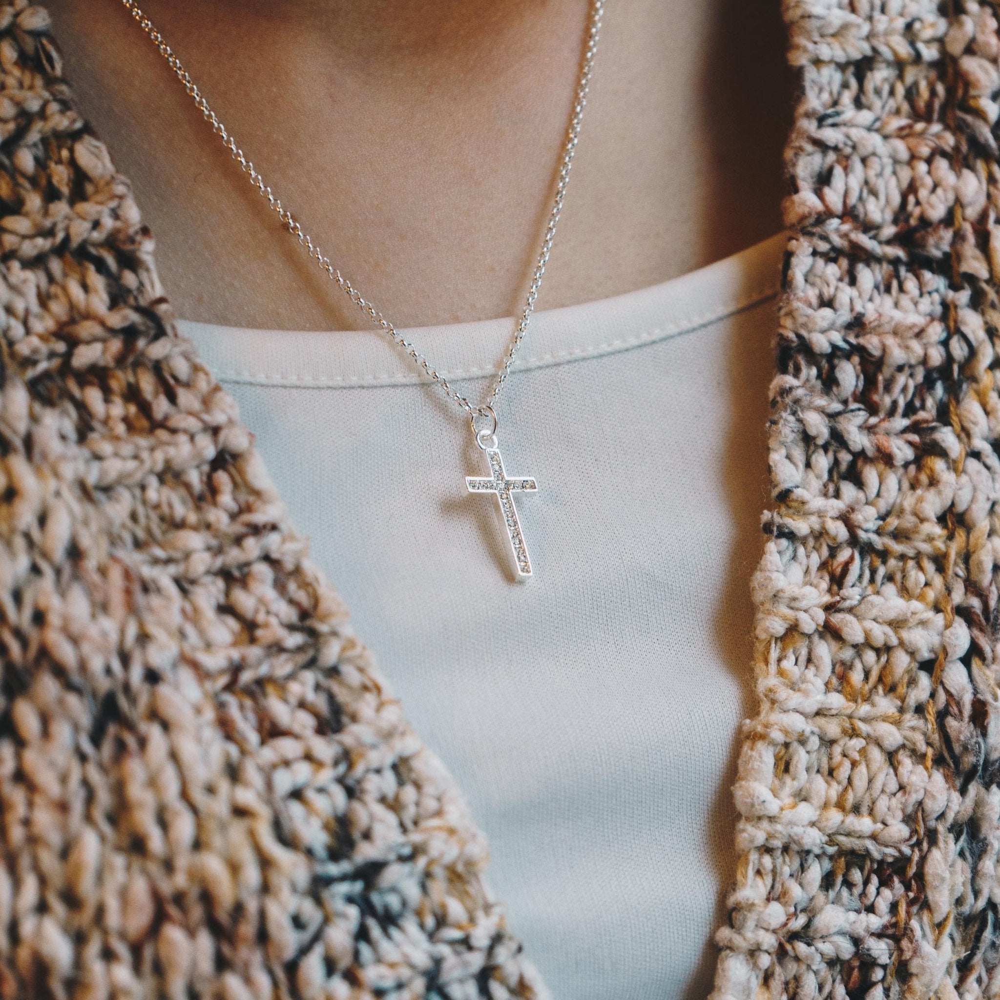 Silver Plated Pave Cross Necklace Created with Zircondia® Crystals - Philip Jones Jewellery