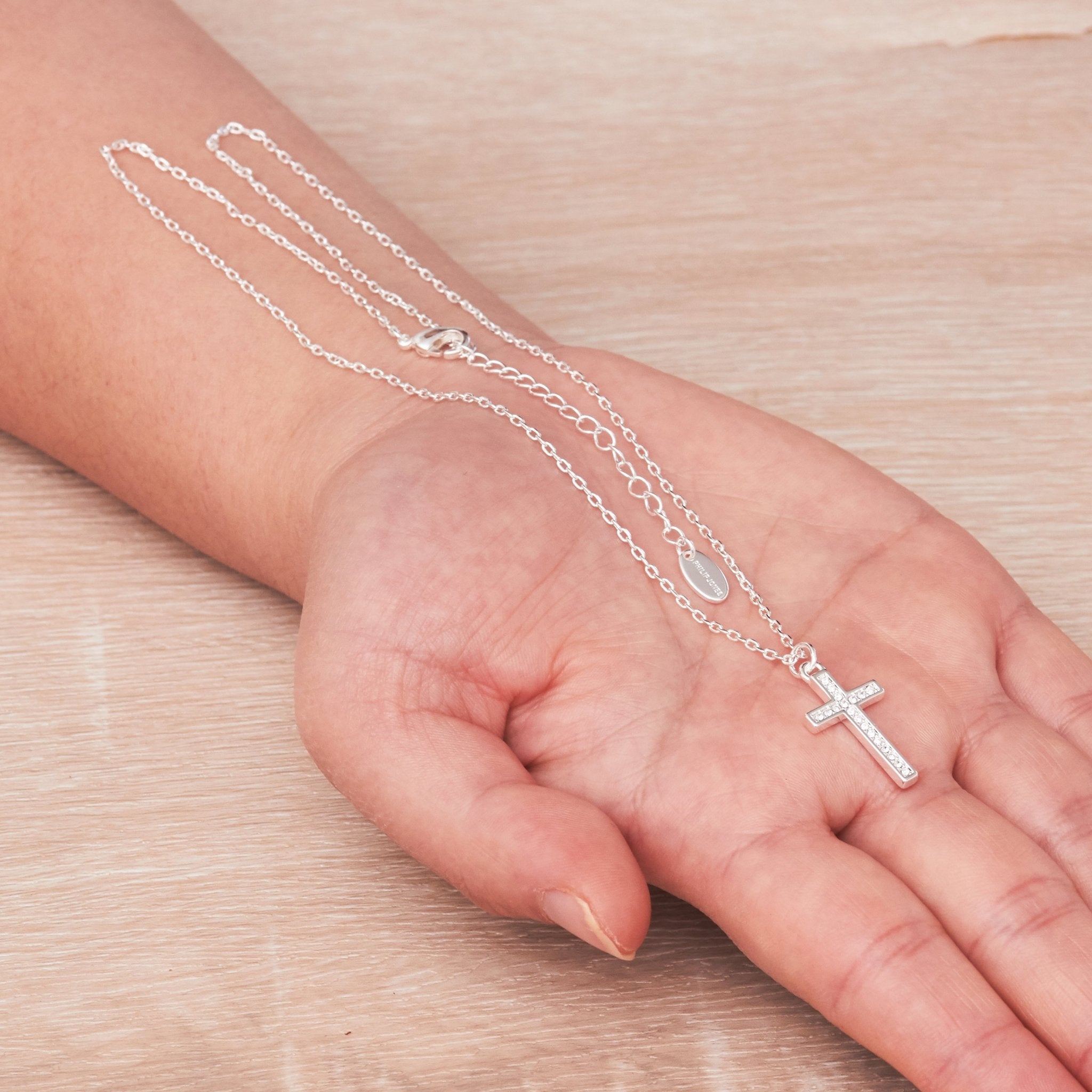 Silver Plated Pave Cross Necklace Created with Zircondia® Crystals - Philip Jones Jewellery