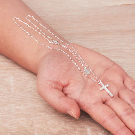 Silver Plated Pave Cross Necklace Created with Zircondia® Crystals - Philip Jones Jewellery