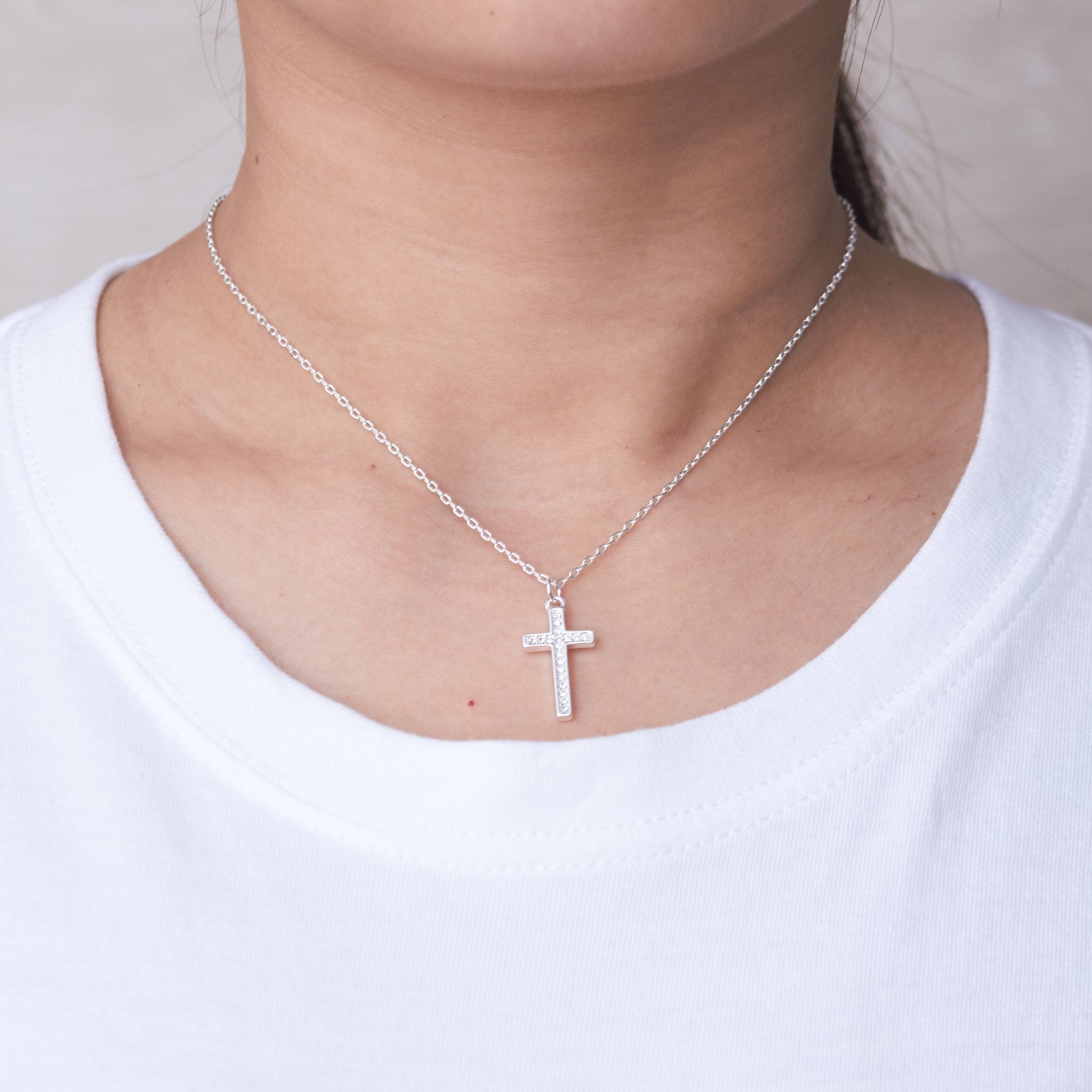 Silver Plated Pave Cross Necklace Created with Zircondia® Crystals - Philip Jones Jewellery