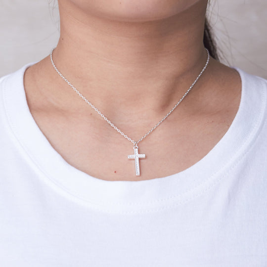 Silver Plated Pave Cross Necklace Created with Zircondia® Crystals - Philip Jones Jewellery