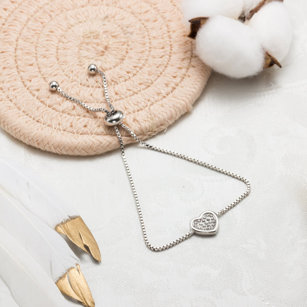 Silver Plated Pave Heart Friendship Bracelet Created with Zircondia® Crystals - Philip Jones Jewellery