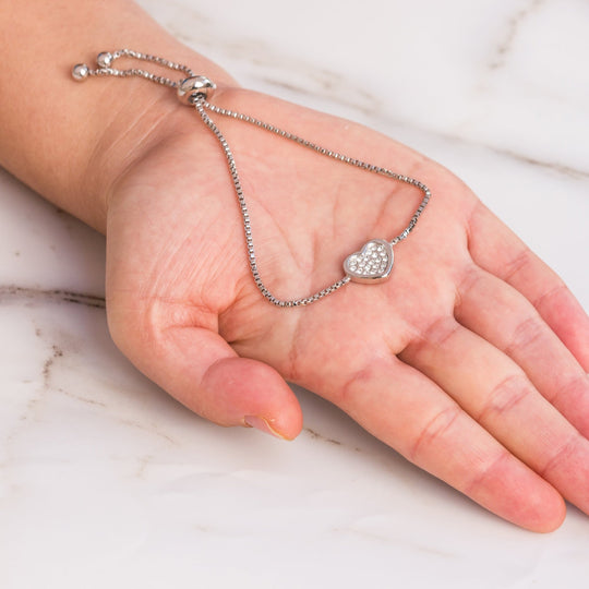 Silver Plated Pave Heart Friendship Bracelet Created with Zircondia® Crystals - Philip Jones Jewellery