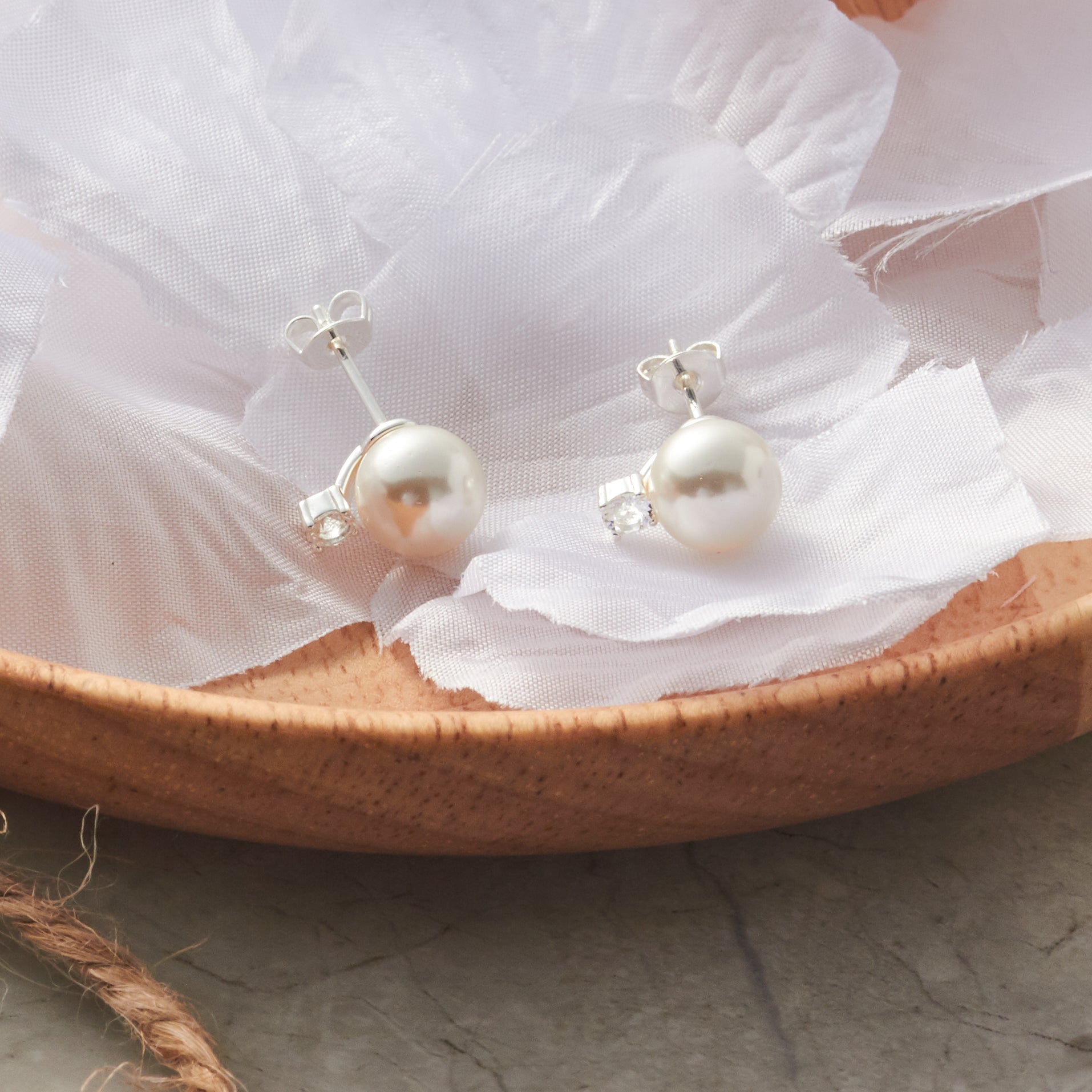 Silver Plated Round Shell Pearl Earrings Created with Zircondia® Crystals - Philip Jones Jewellery