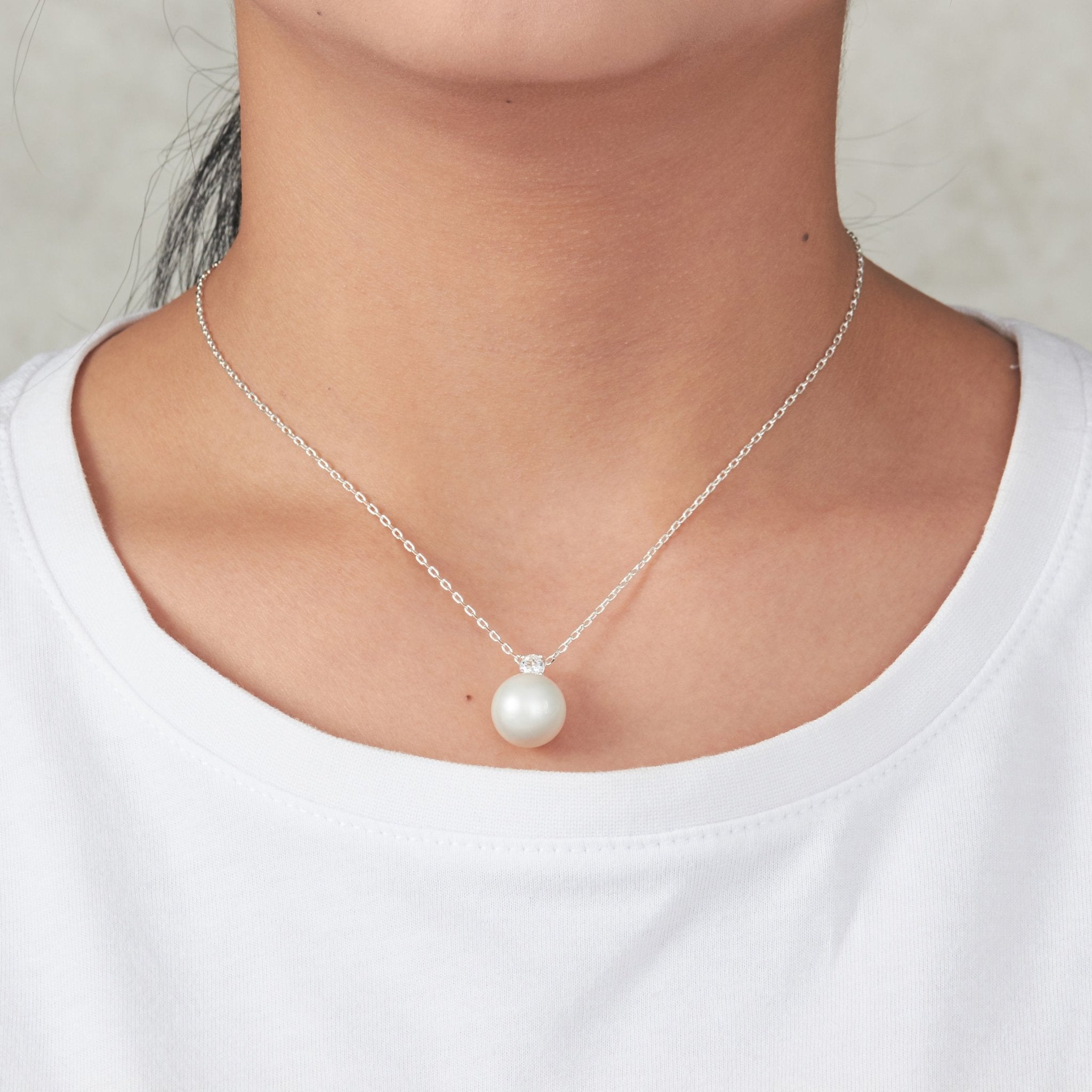 Silver Plated Round Shell Pearl Necklace Created with Zircondia® Crystals - Philip Jones Jewellery