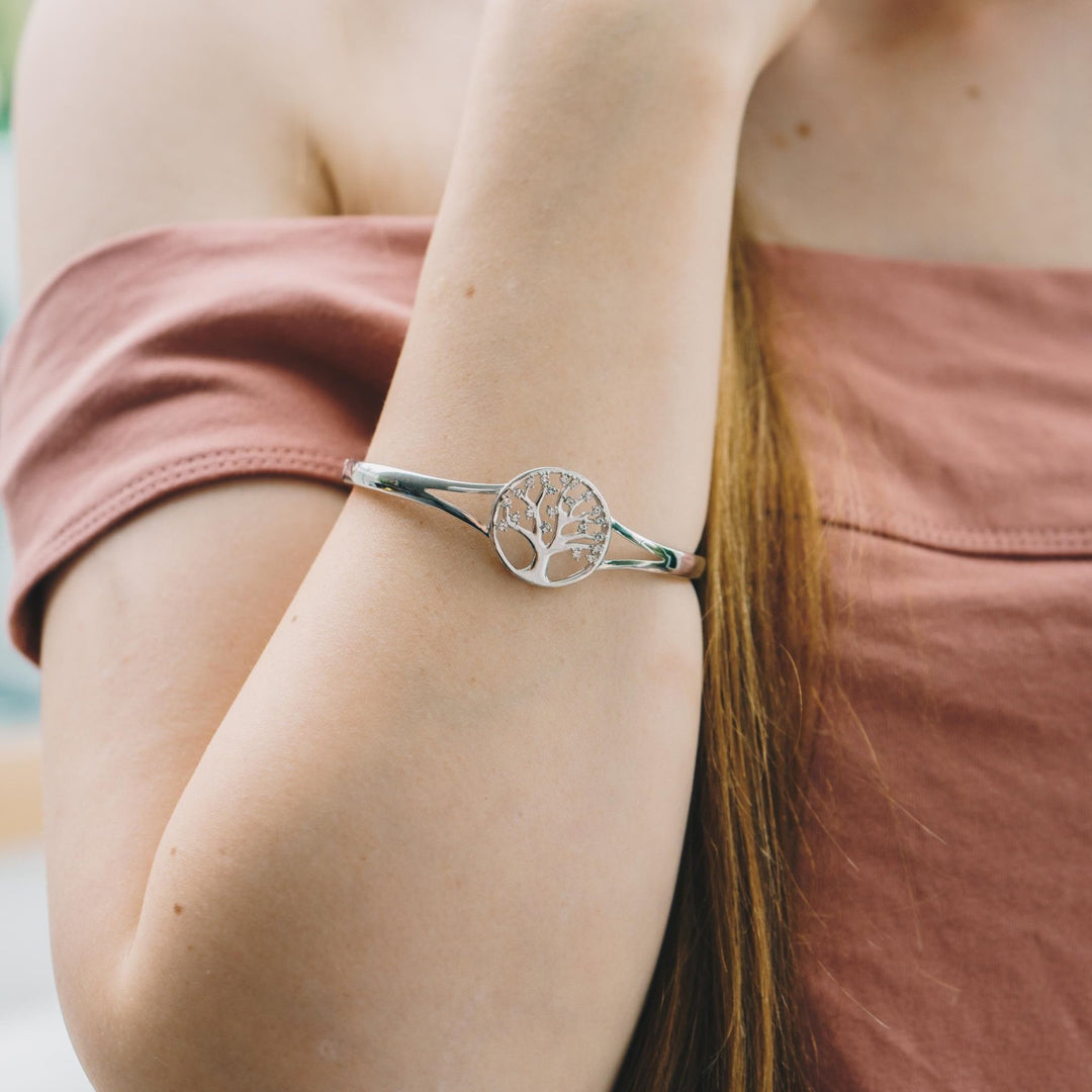 Silver Plated Tree of Life Bangle Created with Zircondia® Crystals (7 Inch) - Philip Jones Jewellery