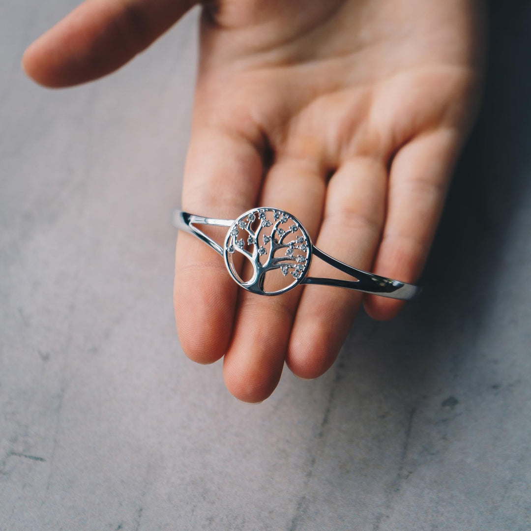 Silver Plated Tree of Life Bangle Created with Zircondia® Crystals (7 Inch) - Philip Jones Jewellery