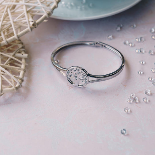 Silver Plated Tree of Life Bangle Created with Zircondia® Crystals (7 Inch) - Philip Jones Jewellery