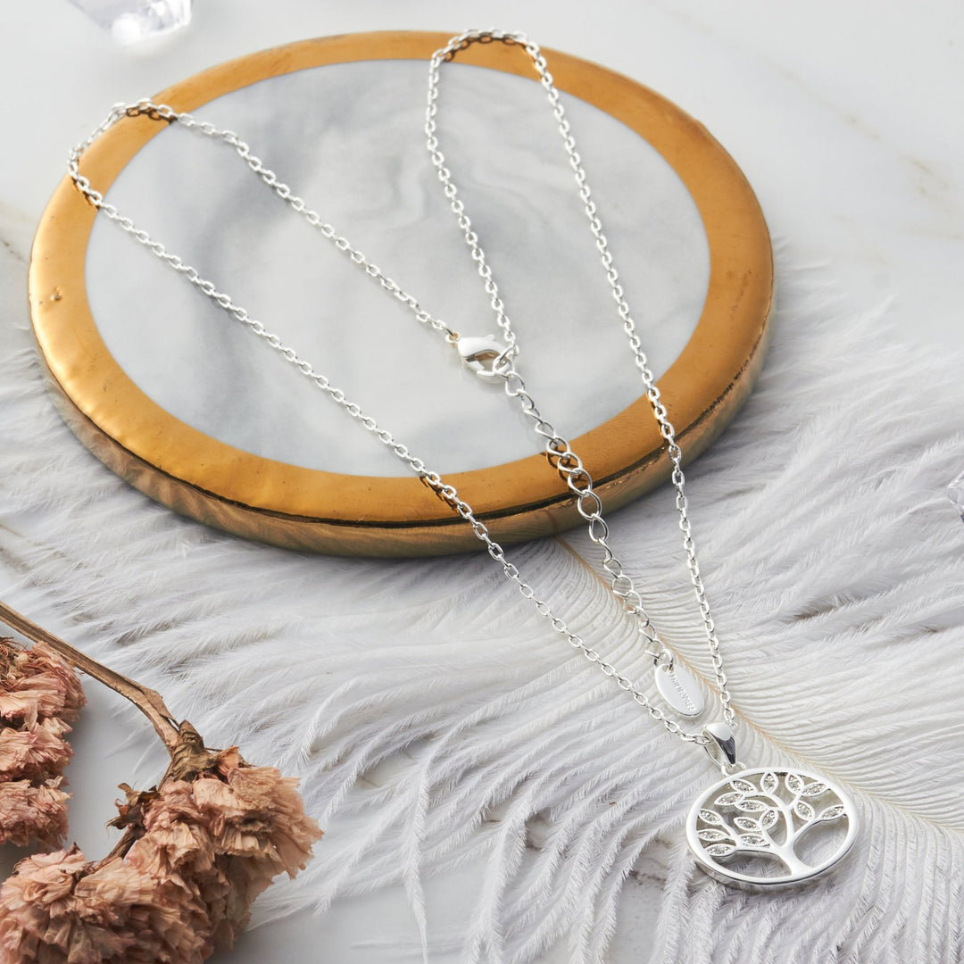 Silver Plated Tree of Life Necklace Created with Zircondia® Crystals - Philip Jones Jewellery