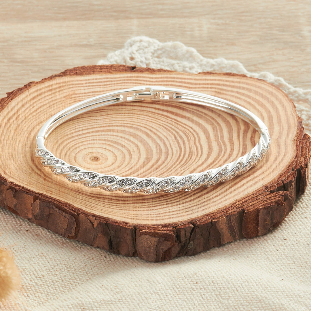 Silver Plated Twist Bangle Created with Zircondia® Crystals (7 Inch) - Philip Jones Jewellery
