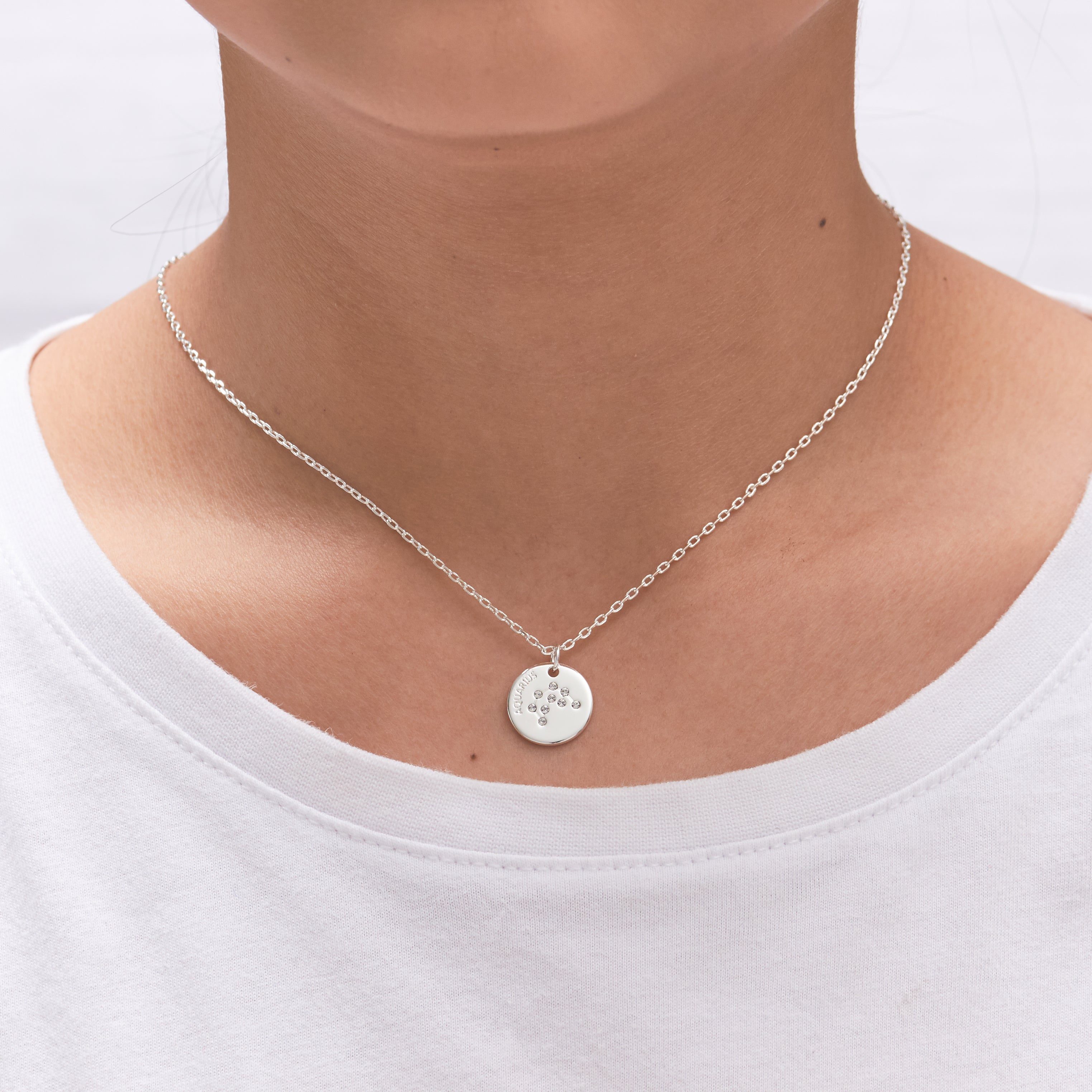 Aquarius Zodiac Star Sign Disc Necklace Created with Zircondia® Crystals
