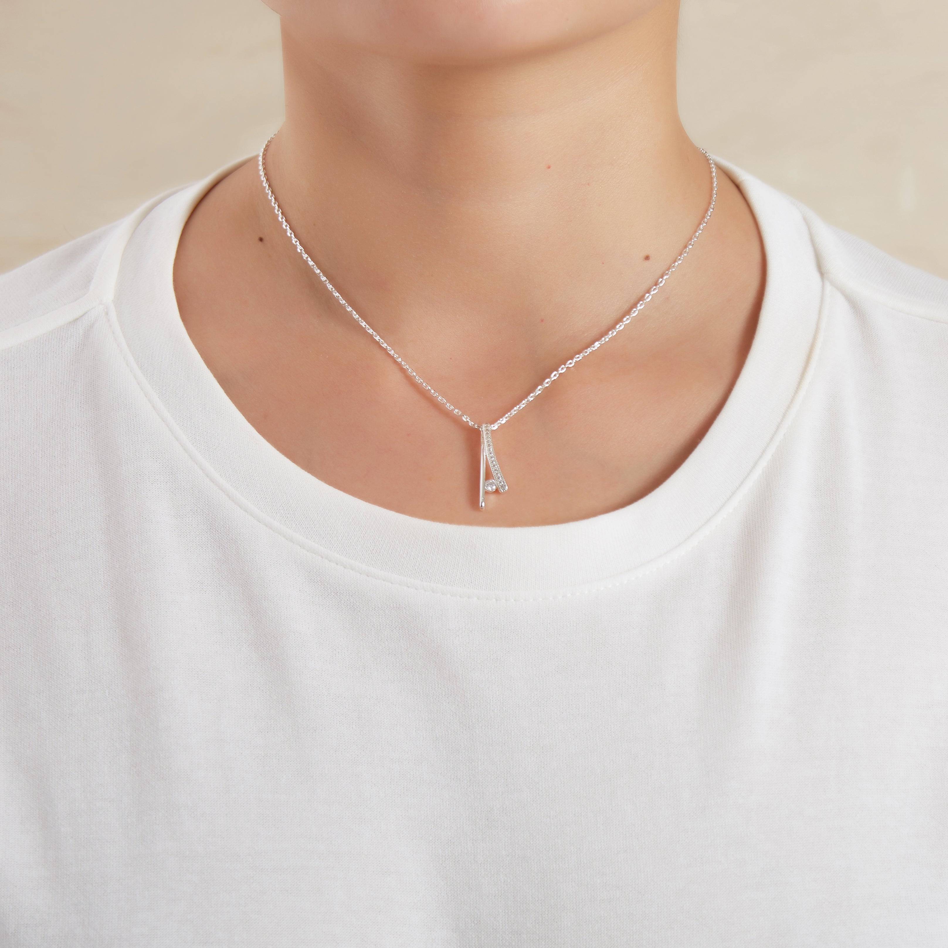 Silver Plated Curved Bar Necklace Created with Zircondia® Crystals