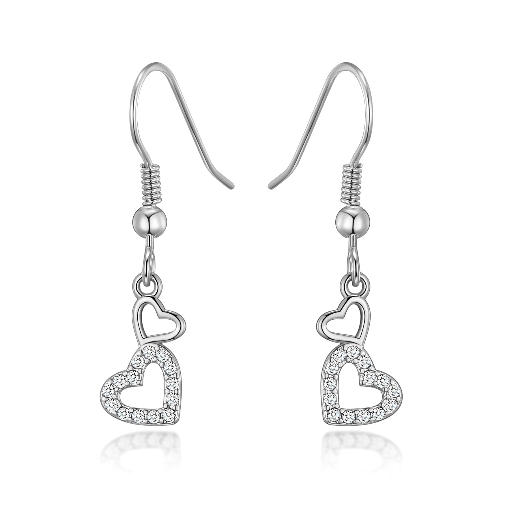 Silver Plated Double Heart Drop Earrings Created with Zircondia® Crystals by Philip Jones Jewellery