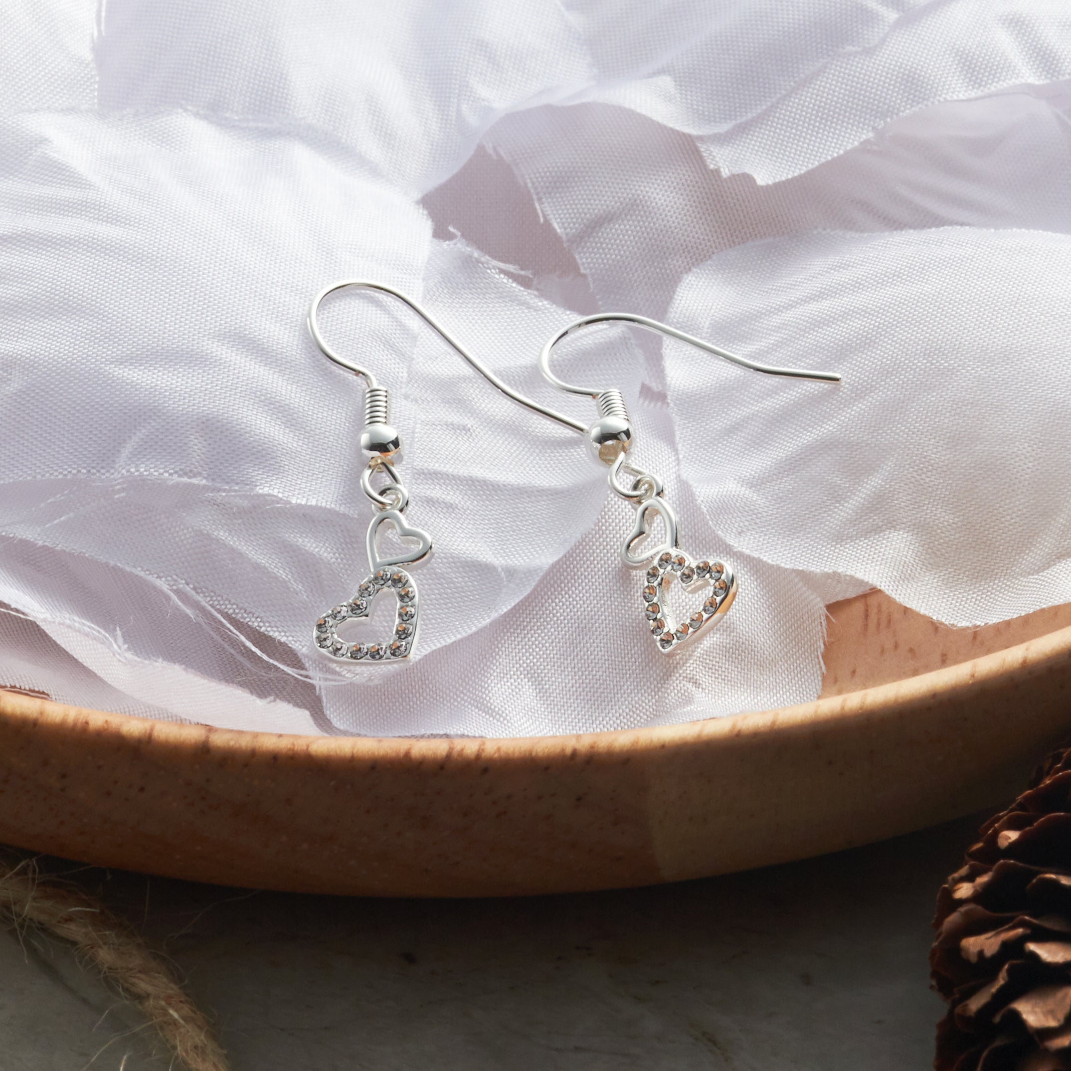 Silver Plated Double Heart Drop Earrings Created with Zircondia® Crystals