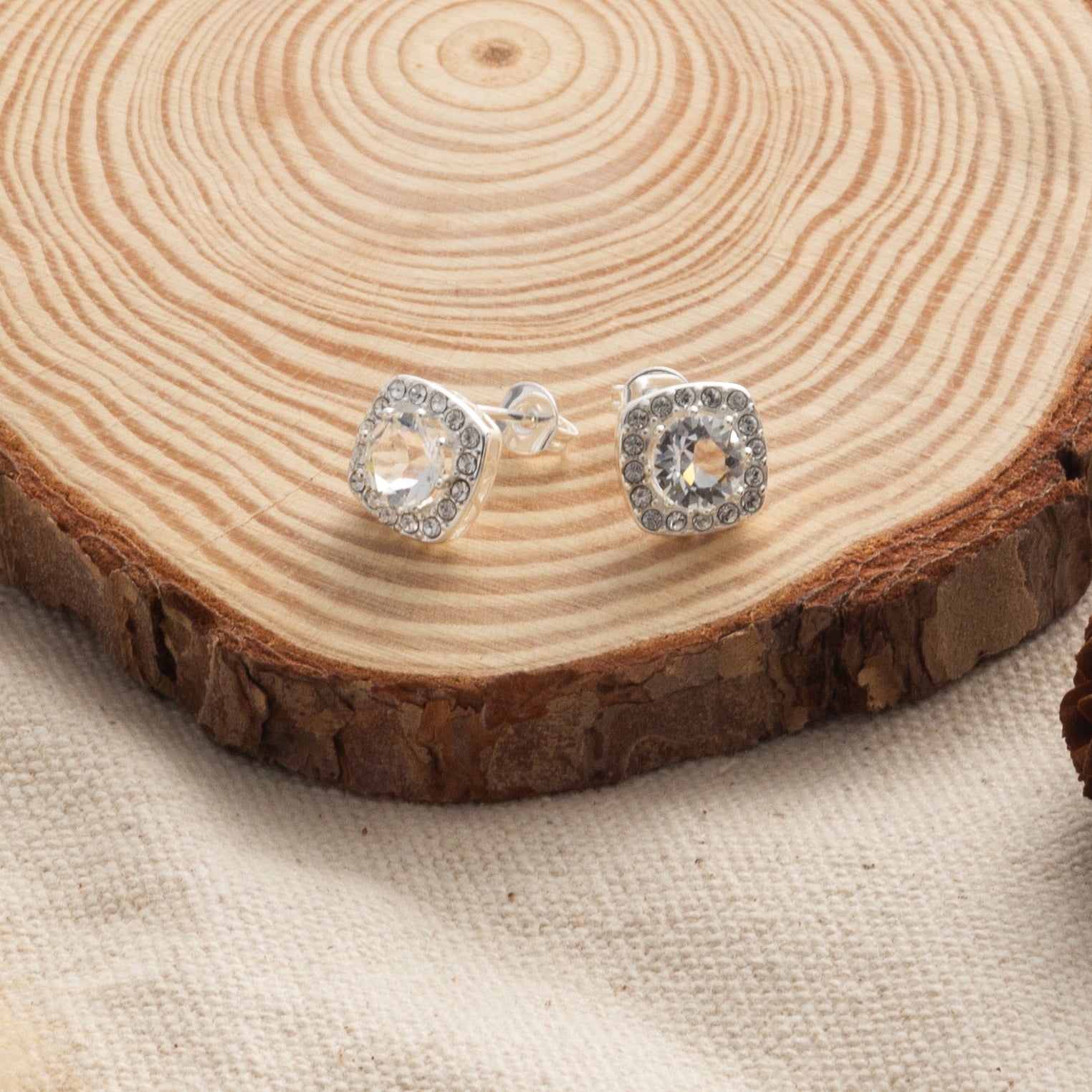 Silver Plated Square Halo Earrings Created with Zircondia® Crystals